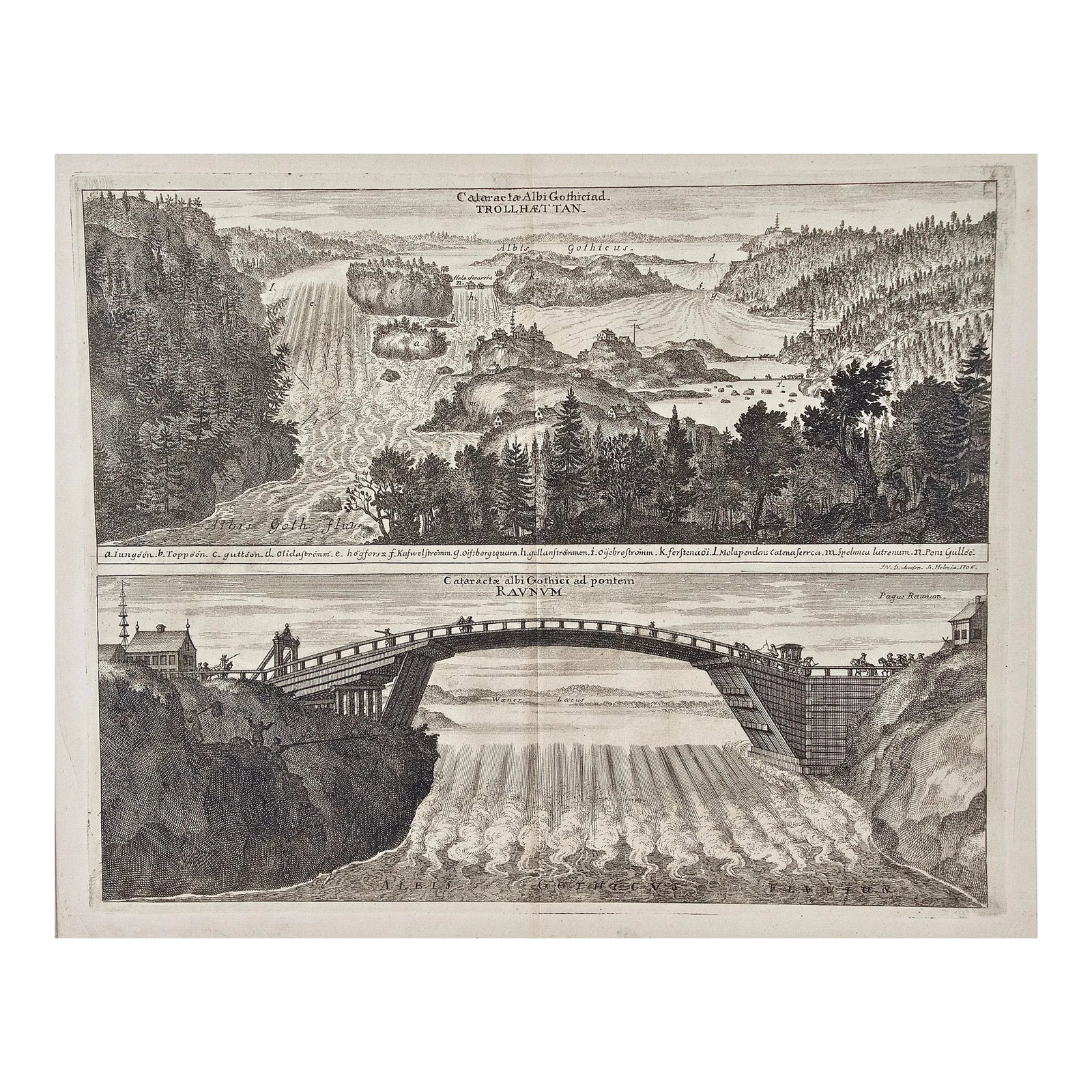 An Antique Engraved View of Waterfalls in Sweden in the 17th C. By Erik Dahlberg , 1705: Two antique engraved views on one sheet of "Cataractae Albi Gothicead Trollhaettan" and "Cataractae Albi Gothici ad Pontiff Raunum" (Waterfalls Near Trollhaettan and Raunum), Sweden in 1705 from
