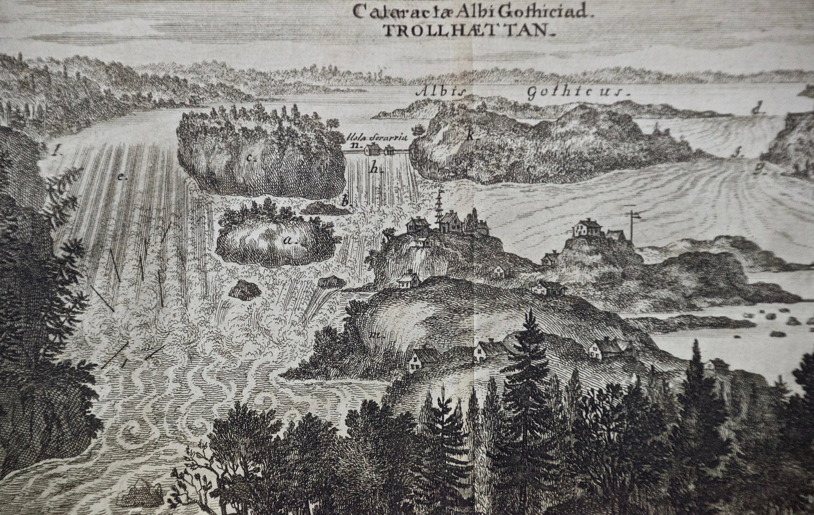 An Antique Engraved View of Waterfalls in Sweden in the 17th C. By Erik Dahlberg , 1705 - 2