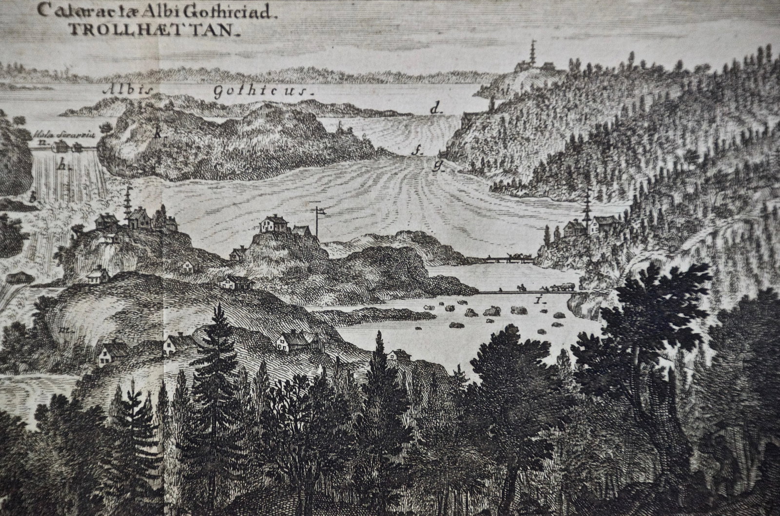 An Antique Engraved View of Waterfalls in Sweden in the 17th C. By Erik Dahlberg , 1705 - 3