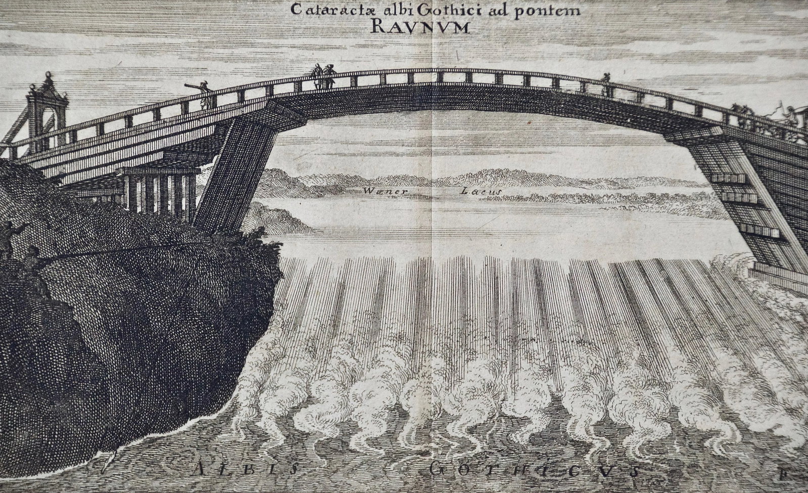 An Antique Engraved View of Waterfalls in Sweden in the 17th C. By Erik Dahlberg , 1705 - 4