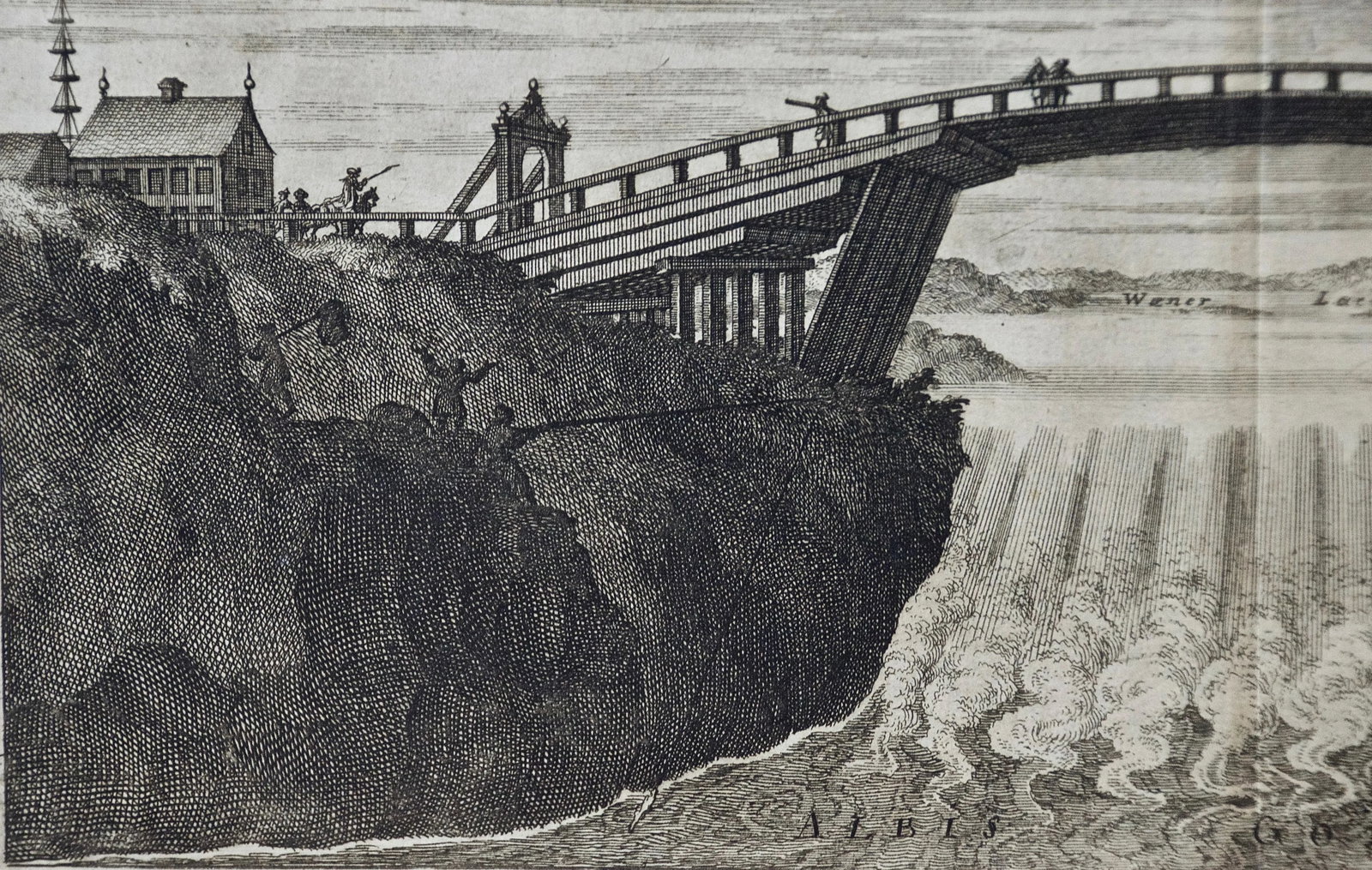 An Antique Engraved View of Waterfalls in Sweden in the 17th C. By Erik Dahlberg , 1705 - 5