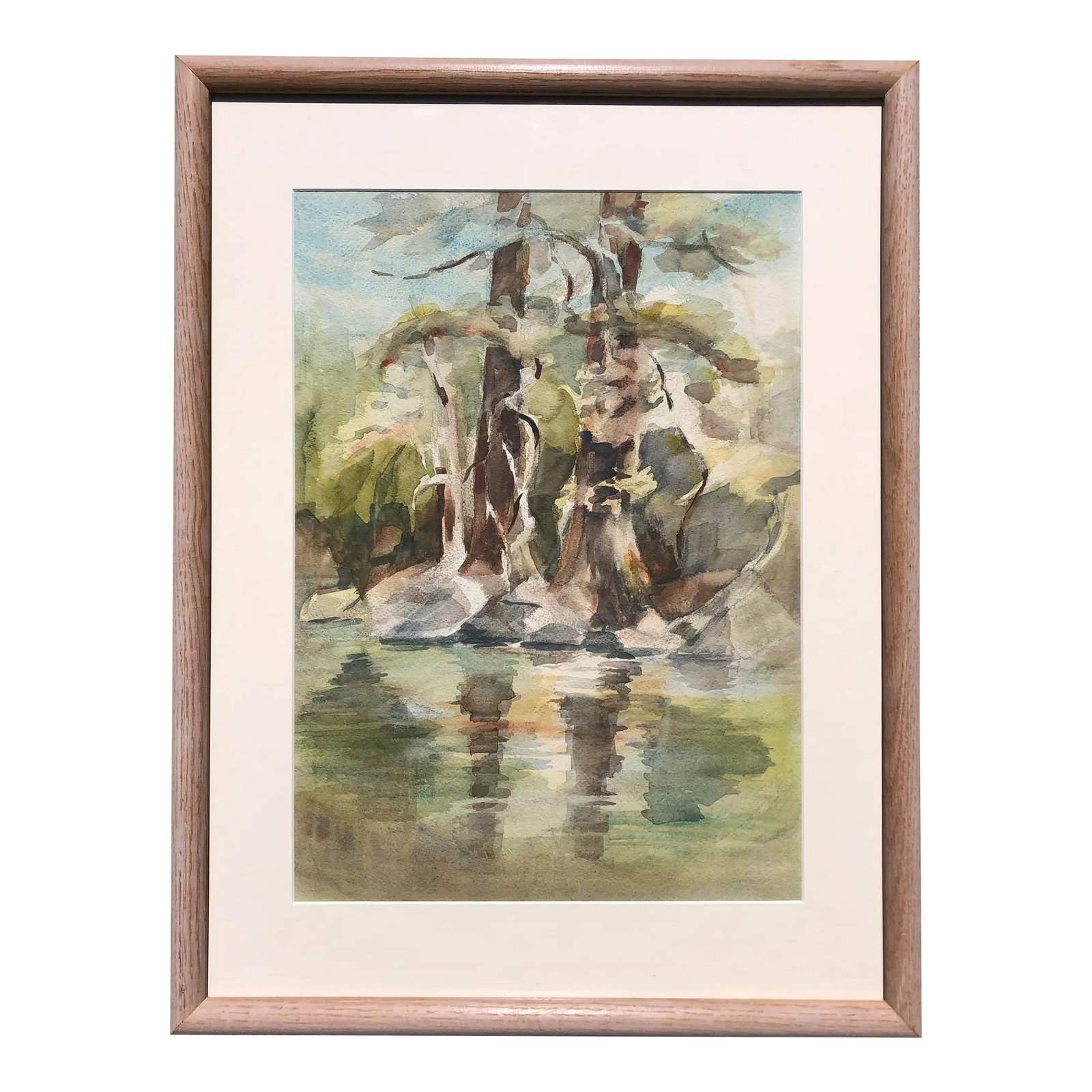 Ethereal Watercolor of Tree Reflection: A gorgeous painting of trees at a lake's edge. The artist captured the reflection in the water so beautifully. Newer light wood frame. Condition: Alterations: Original Design Modified Imperfections: