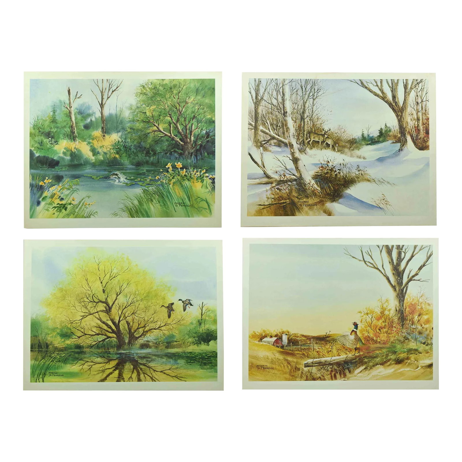 Late 20th Century Wildlife Autumn Summer Winter Spring 4 Seasons Print Art - 4 Pieces: Bring the beauty of nature into your home with this stunning 4 Seasons print art set from sherm pehrson works. This collection of four prints, each representing a different season, showcases vibrant
