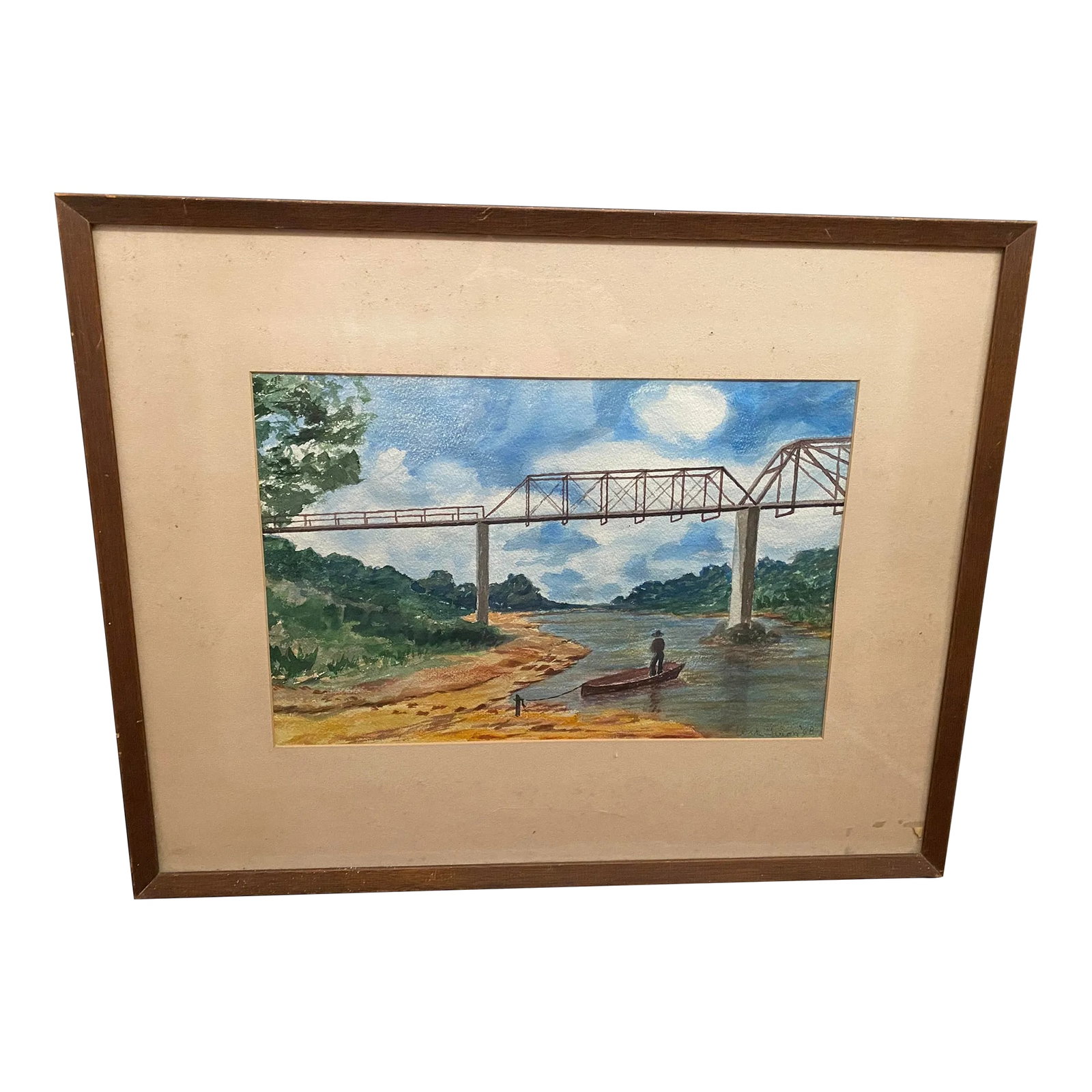 Mid Century Texas Watercolor, Old Washington Brazos River Bridge: Mid Century Original Watercolor by Wade Guion. This painting was painted in 1968 and it is of a beautiful old bridge that crosses the Brazos River in Texas. The bridge was constructed in 1938. The