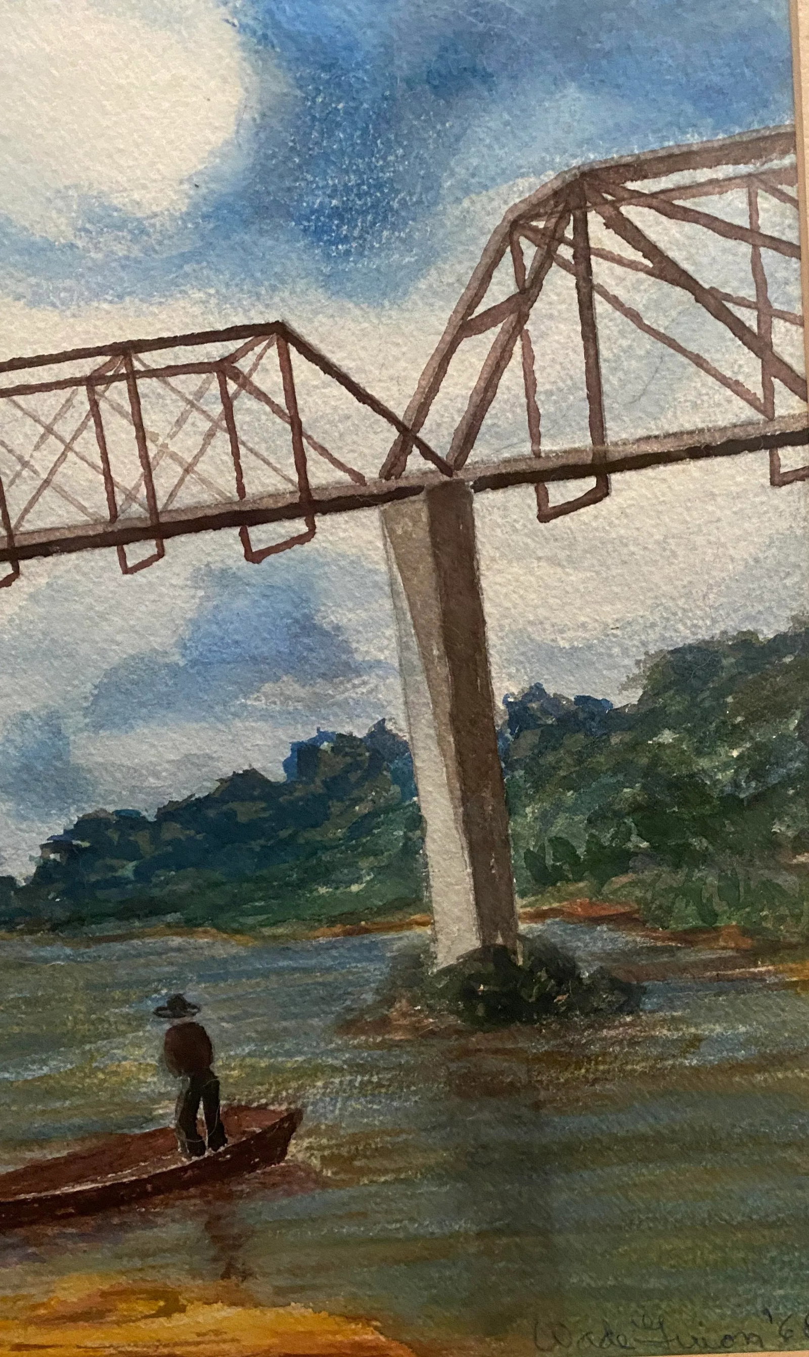 Mid Century Texas Watercolor, Old Washington Brazos River Bridge - 2