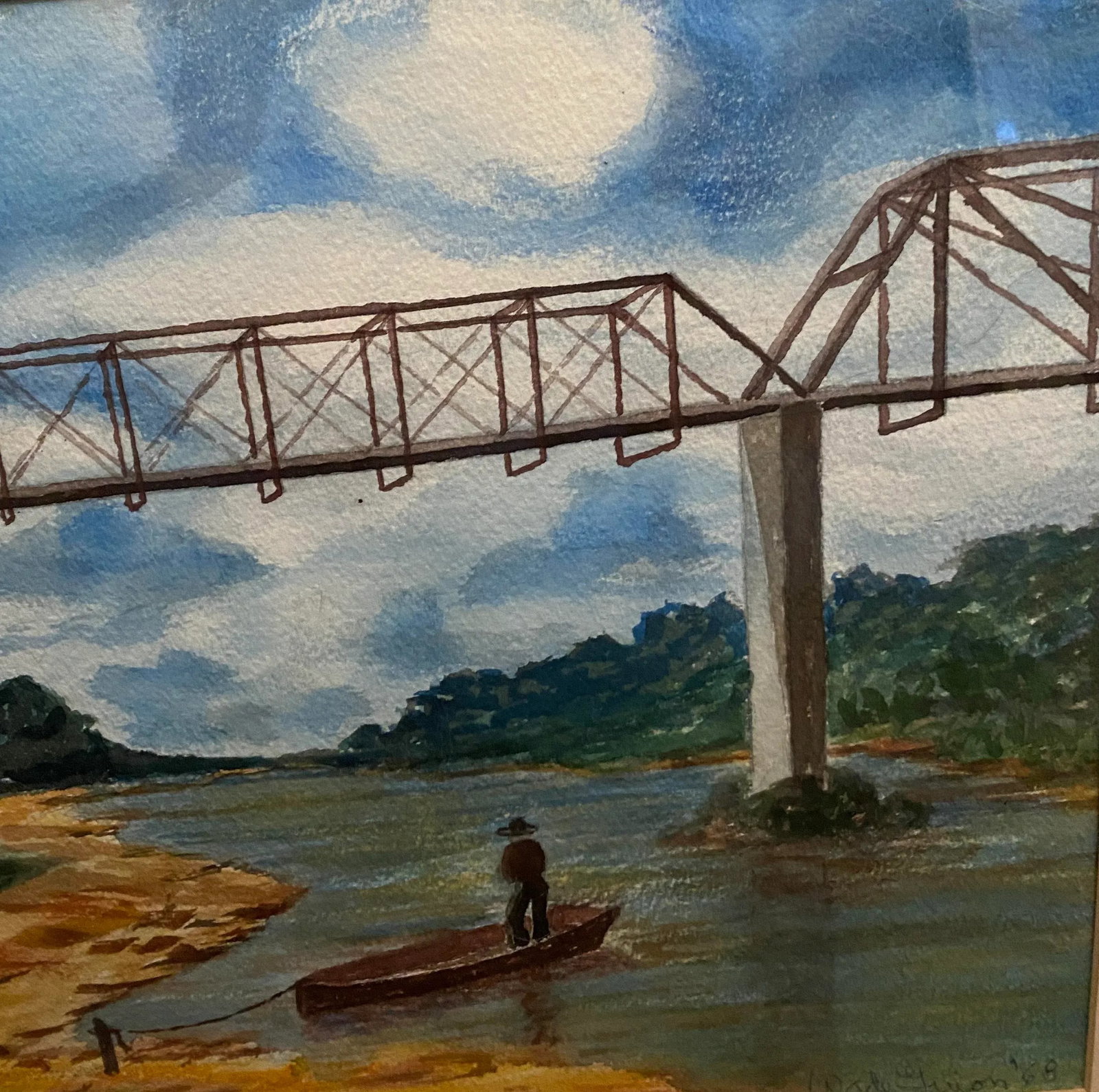 Mid Century Texas Watercolor, Old Washington Brazos River Bridge - 3
