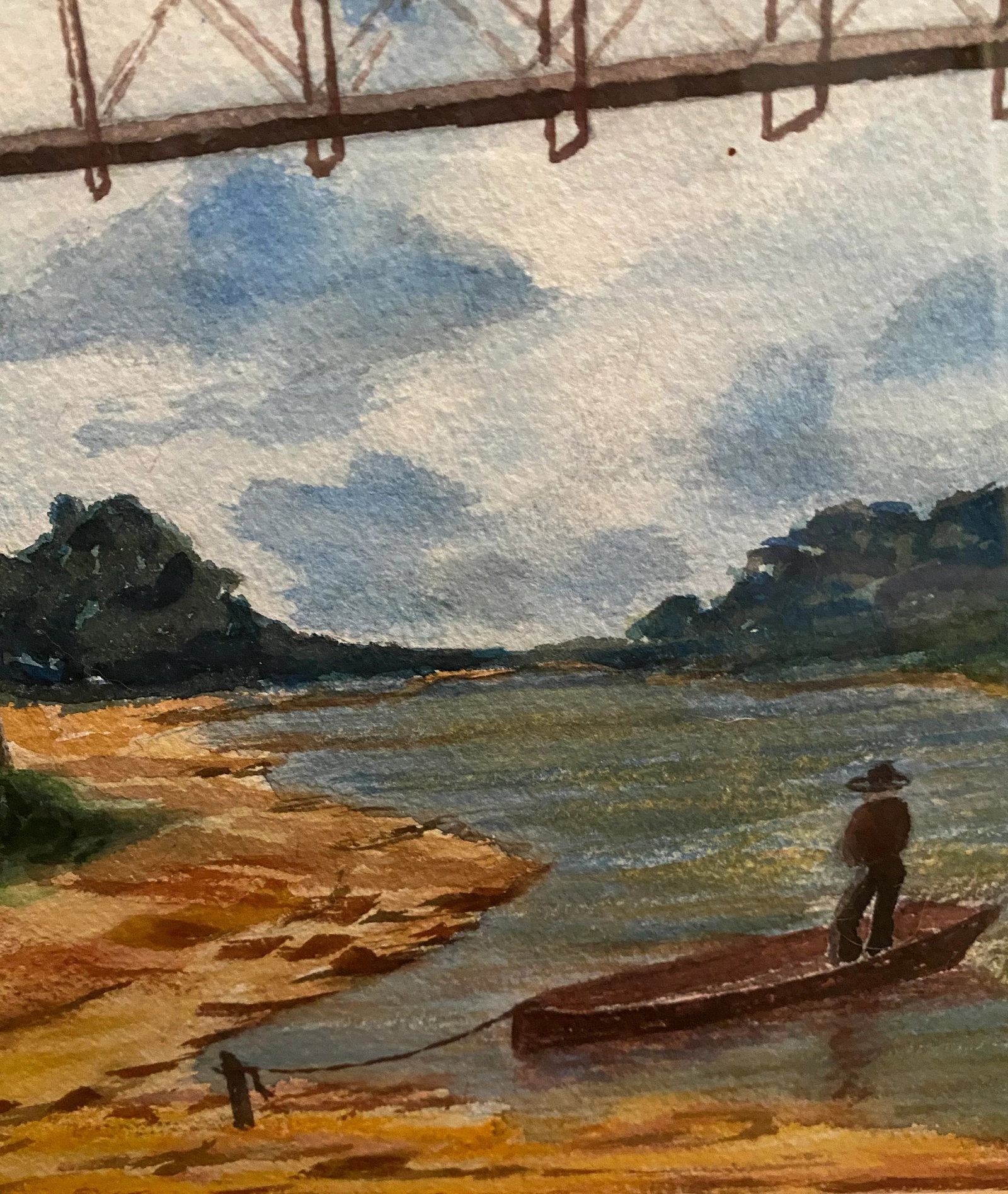 Mid Century Texas Watercolor, Old Washington Brazos River Bridge - 4