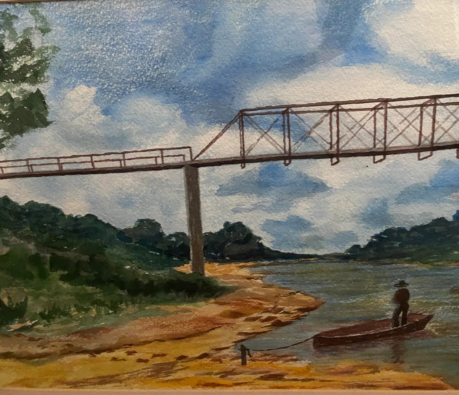 Mid Century Texas Watercolor, Old Washington Brazos River Bridge - 6