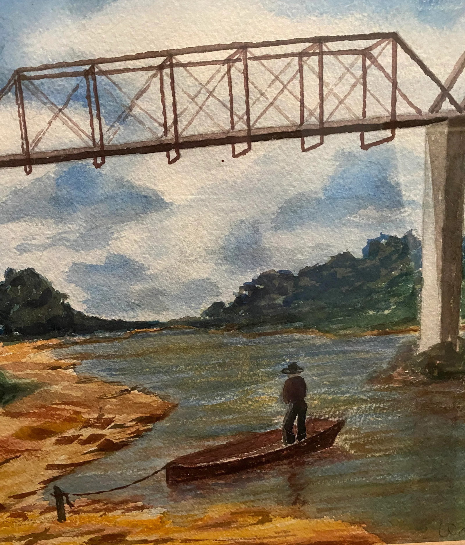 Mid Century Texas Watercolor, Old Washington Brazos River Bridge - 7