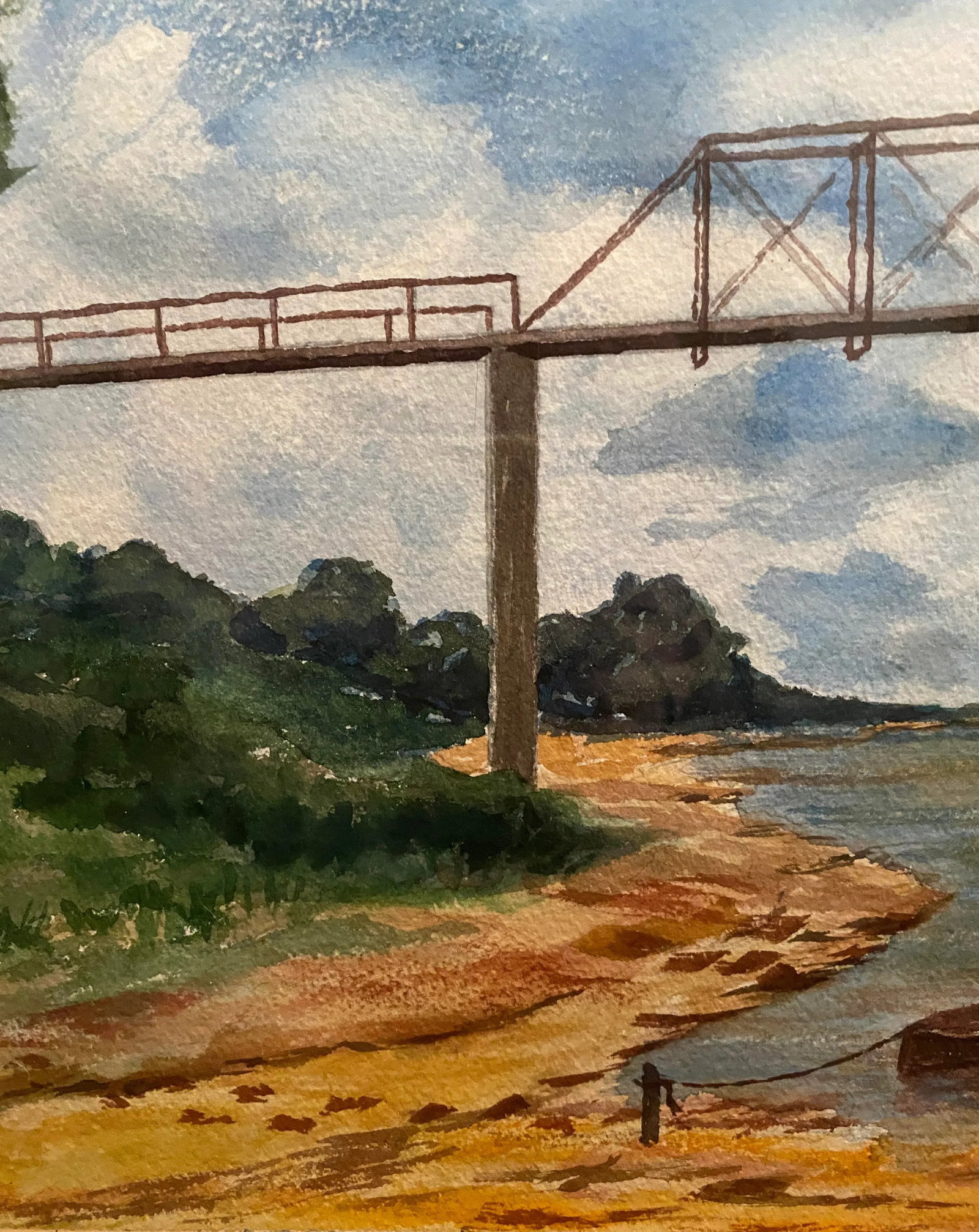 Mid Century Texas Watercolor, Old Washington Brazos River Bridge - 8