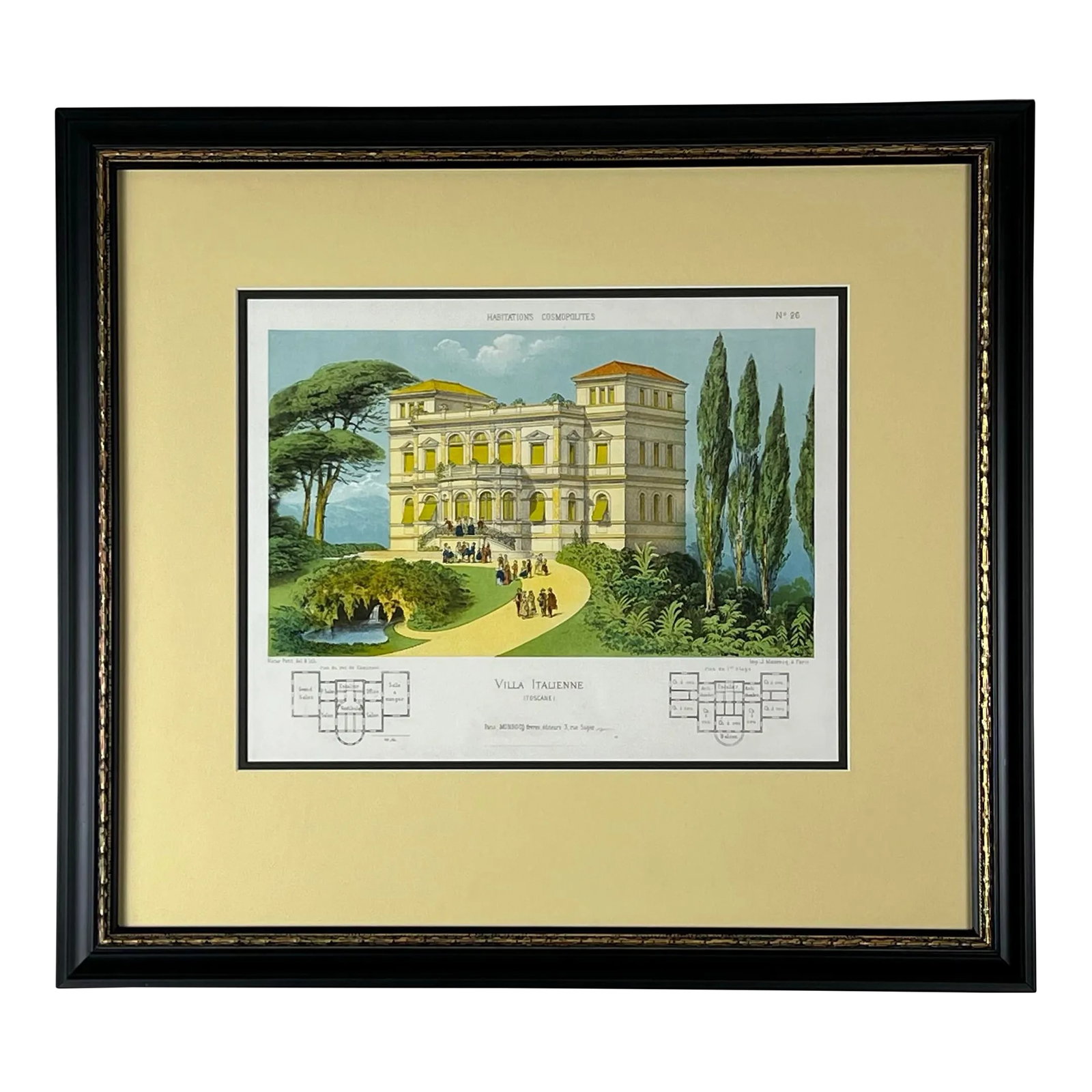 Late 19th-Century Lithograph of Tuscan Villa: Framed print "Villa Italienne (Toscane)," Plate no. 26 from folio "Habitations Cosmopolite." Drawn by Victor Petit. Printed ca. 1868 by Jean Monrocq, Paris, leader in zinc and color lithography.