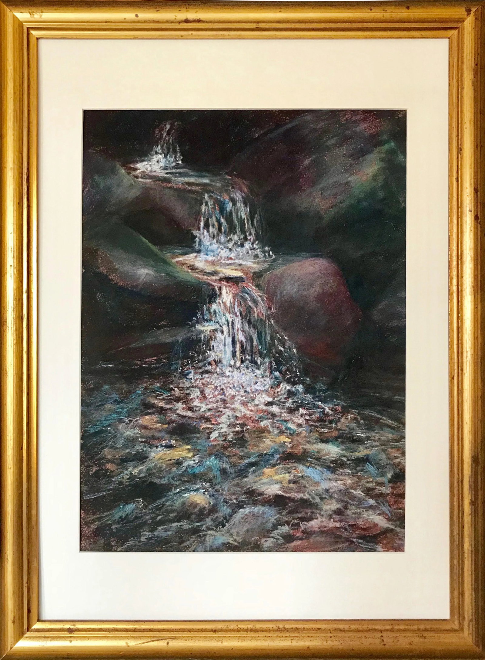 Vintage Pastel Impressionist Landscape Drawing of a Waterfall: Vintage pastel drawing of a waterfall. Presented in cream colored matting and a gilt wood frame. Signed indistinctly and dated '94 lower left. Image size: 14 x 18", overall dimensions: 20 x 27.5".