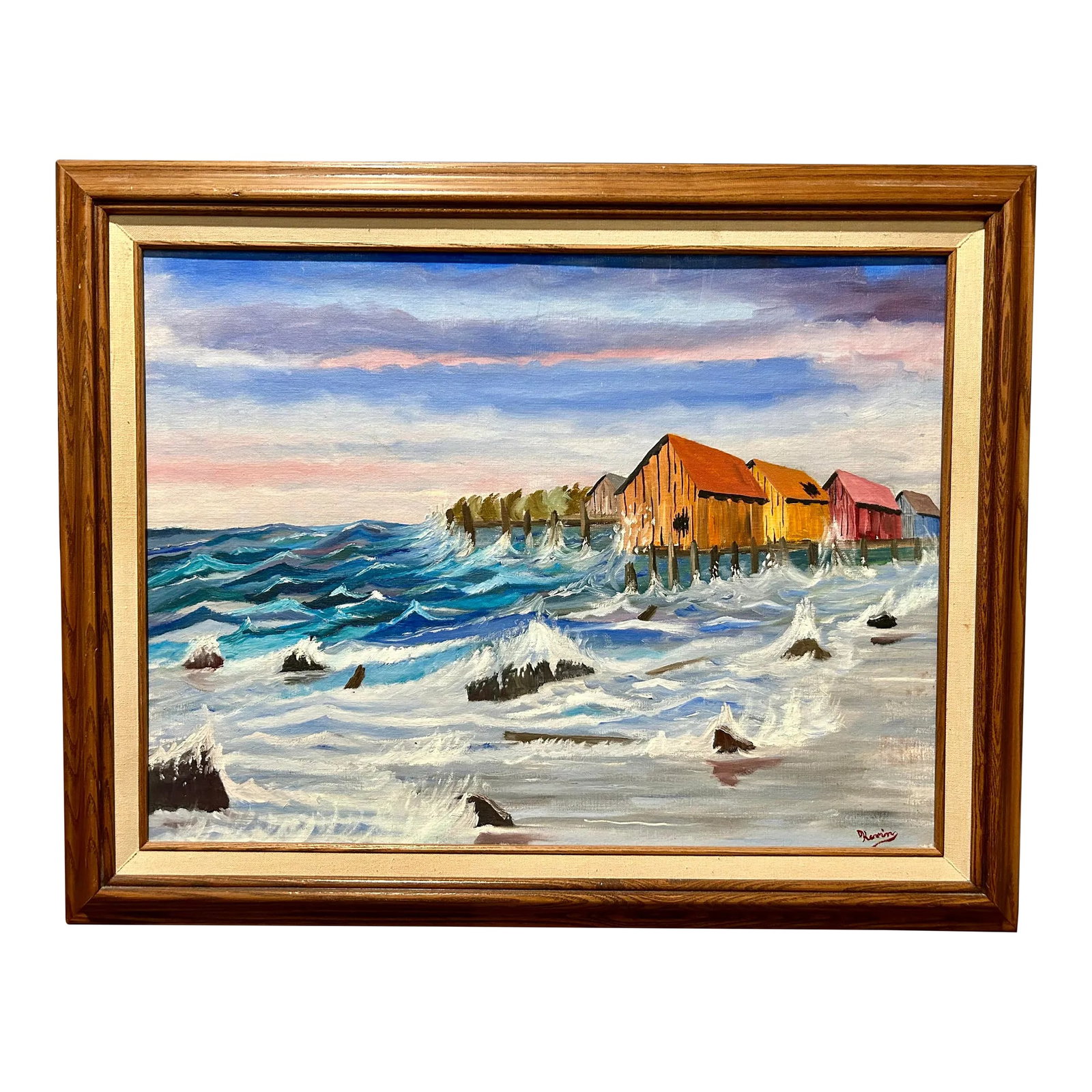 Vintage Nautical Harbor Fishing Shacks Oil Painting, Framed: This is a spirited coastal themed piece of art for your walls in a beach shack, nautical cottage or coastal styled home. It is a vintage oil painting of fishing shacks and choppy seas along a harbor