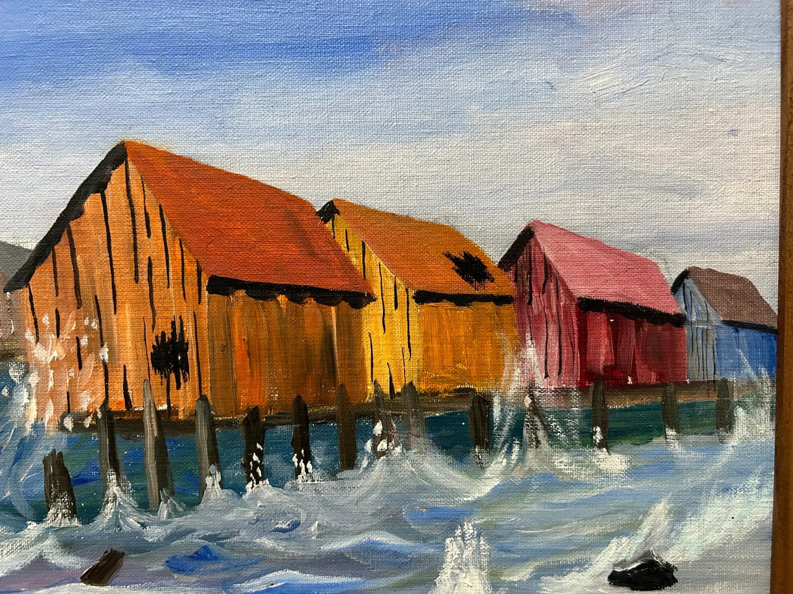 Vintage Nautical Harbor Fishing Shacks Oil Painting, Framed - 2