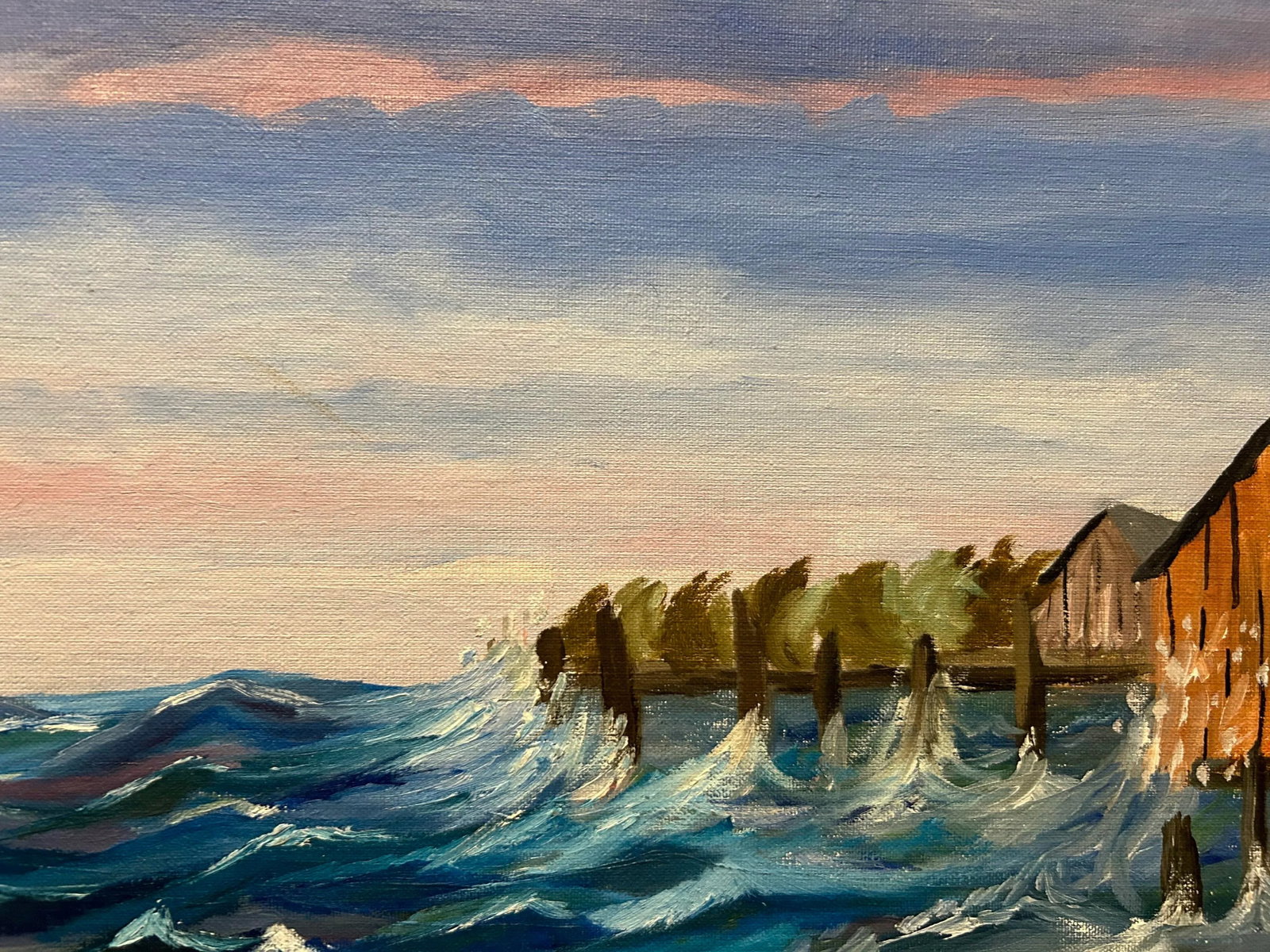 Vintage Nautical Harbor Fishing Shacks Oil Painting, Framed - 3