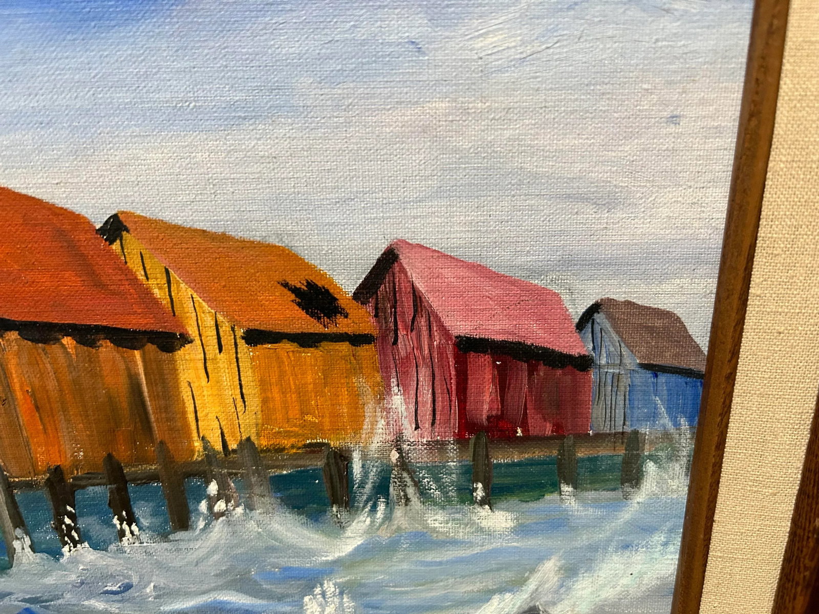 Vintage Nautical Harbor Fishing Shacks Oil Painting, Framed - 4