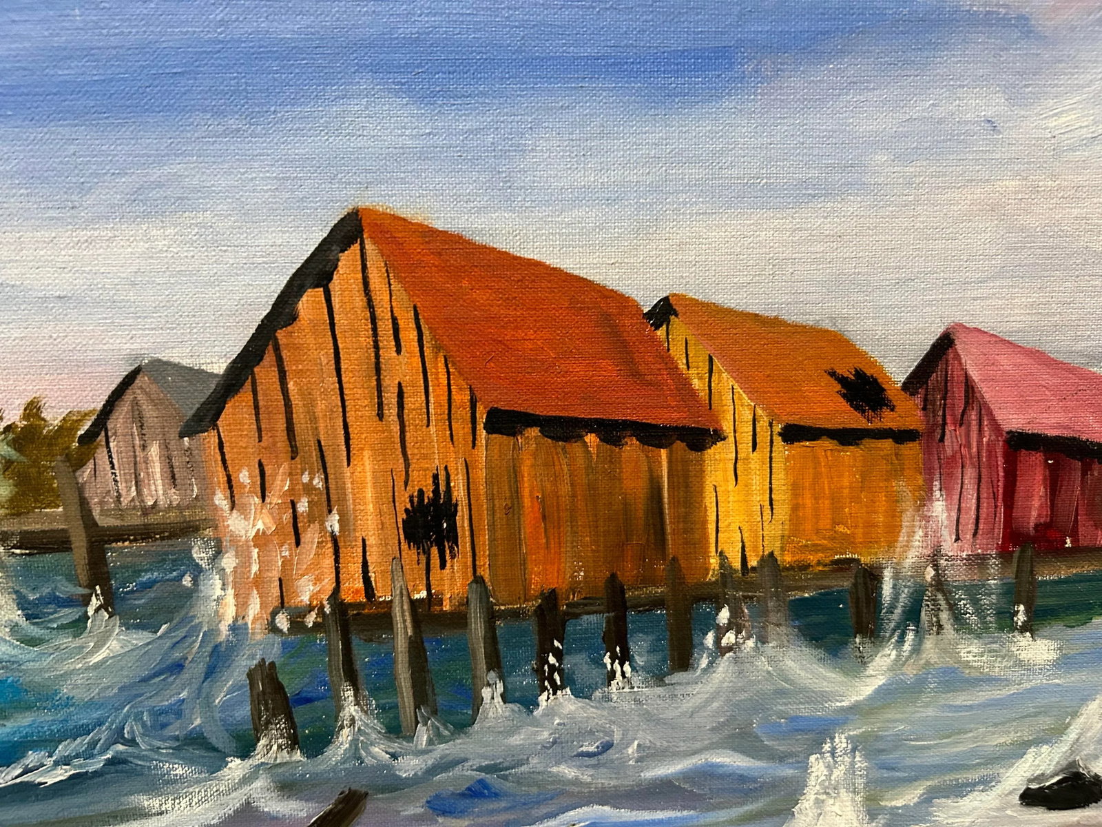 Vintage Nautical Harbor Fishing Shacks Oil Painting, Framed - 6