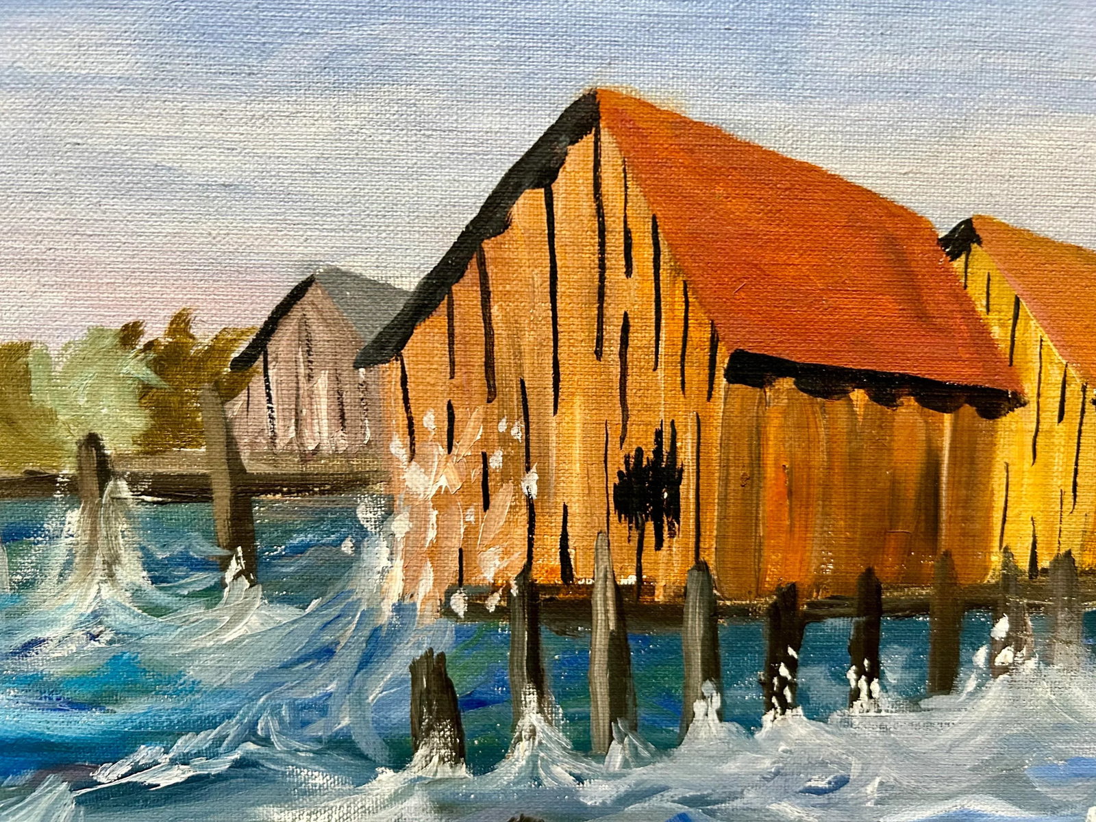 Vintage Nautical Harbor Fishing Shacks Oil Painting, Framed - 8
