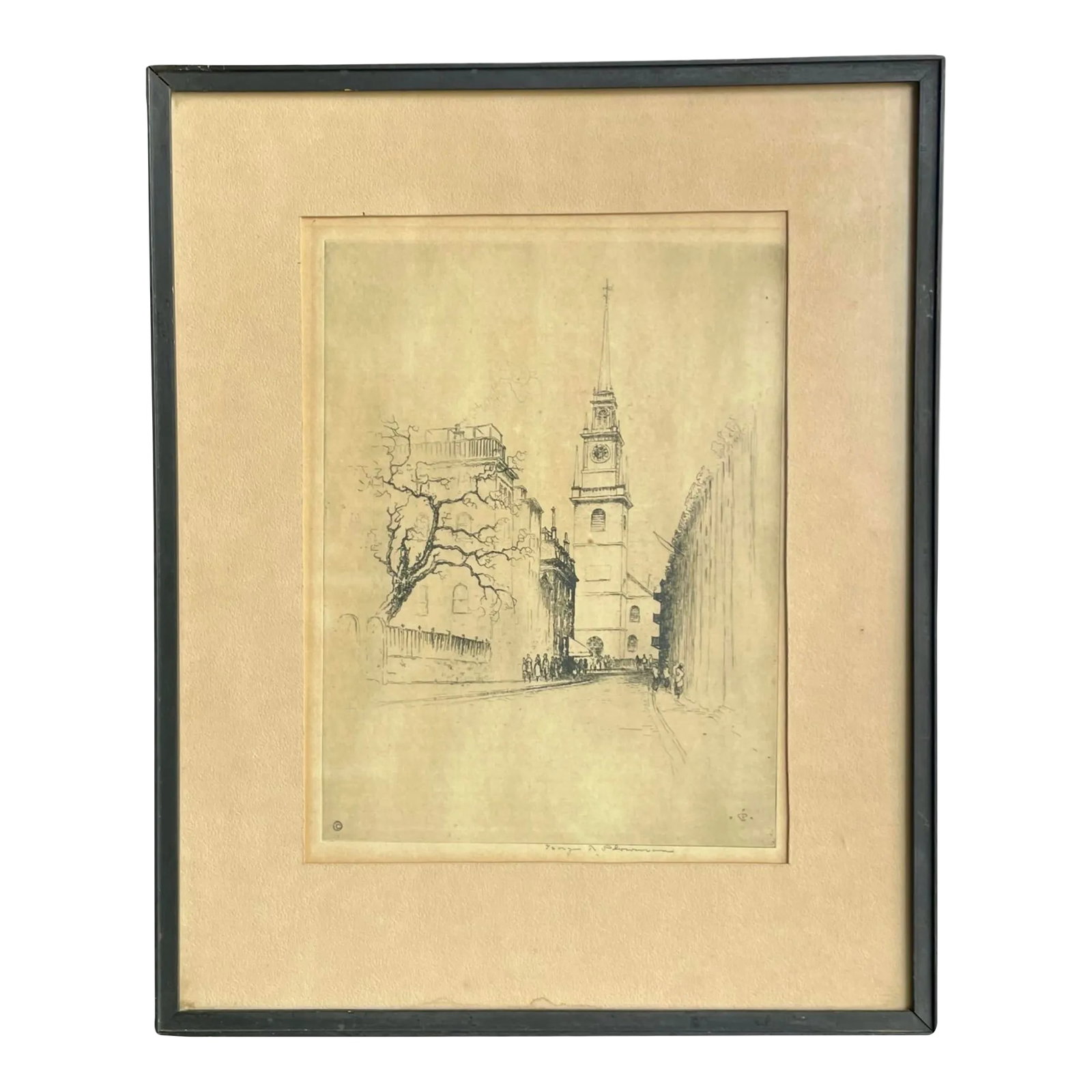 Vintage Lithograph Print Boston Old North Church, Signed & Framed Original: An original vintage historical lithograph print depicting the Old North Church in Boston, Massachusetts. The artwork is signed in plate as well as in pen at the bottom. The print is matted and set beh