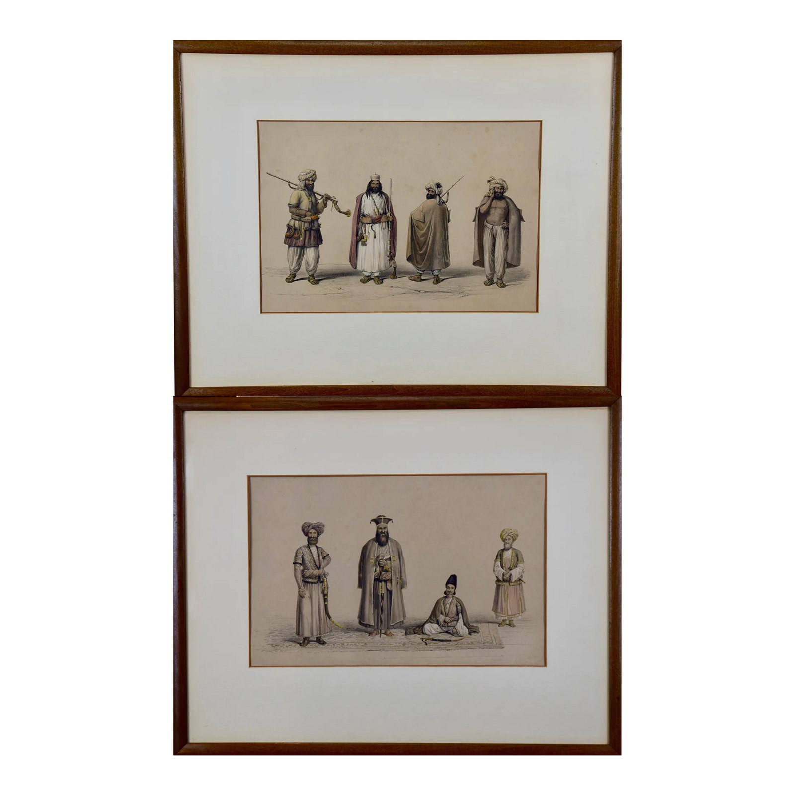 A Pair of 19th C. Engravings Depicting the Costumes and Weapons of Afghani Men by Dr. James Atkinson: These hand-colored lithographs are from "Character and Costumes of Afghanistan", written by Lockyer Willis Hart (of the 22nd Bombay Native Infantry). The lithographs were created by Charles Haghe