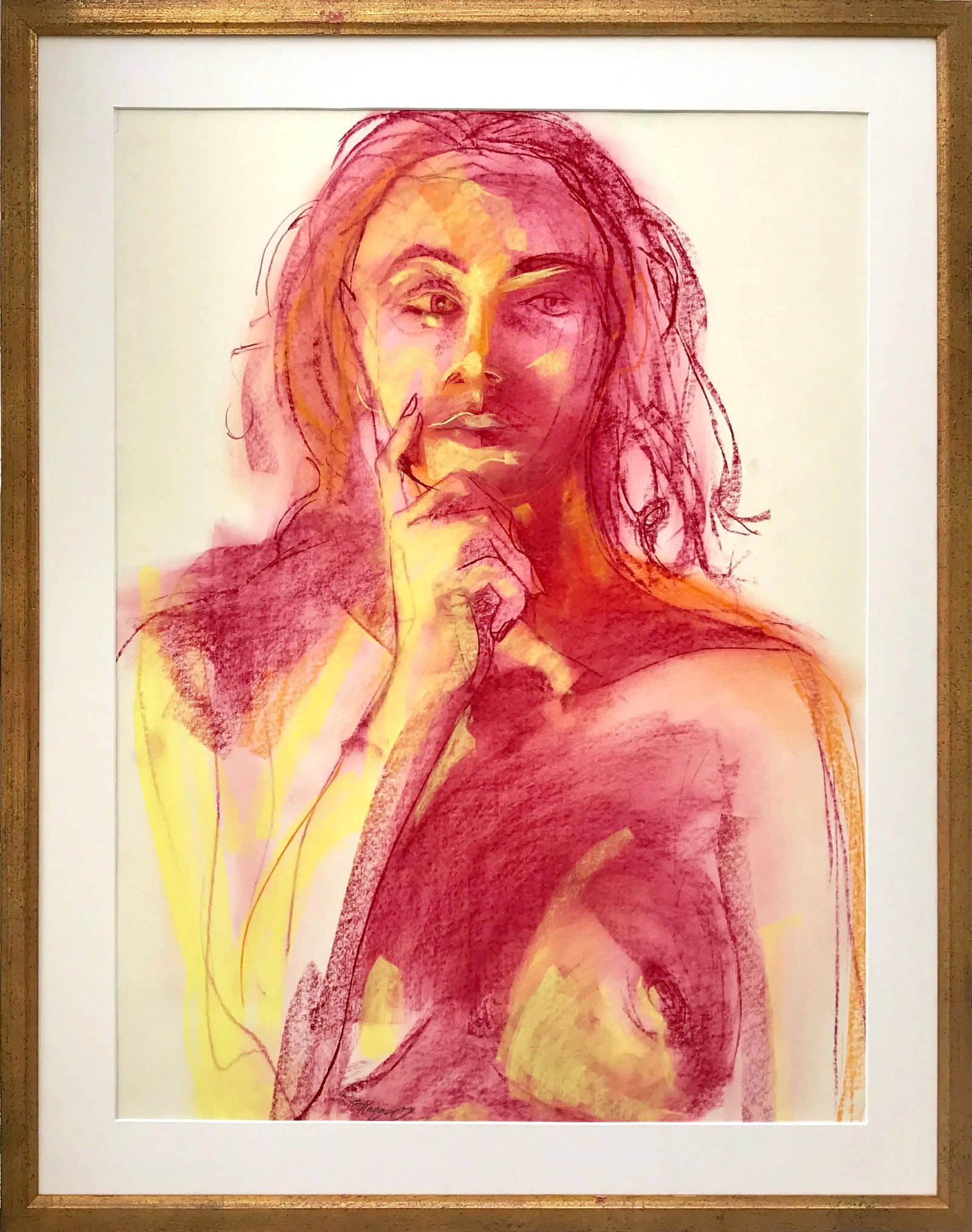 Vintage Expressionist Pastel Portrait of a Female Nude by Gerard Haggerty: Vintage expressionist pastel portrait of a female nude in pink, red, orange, and yellow. Presented matted and in a gilt wood frame, signed lower center. Image size: 21.5 x 29", overall dimensions: 28