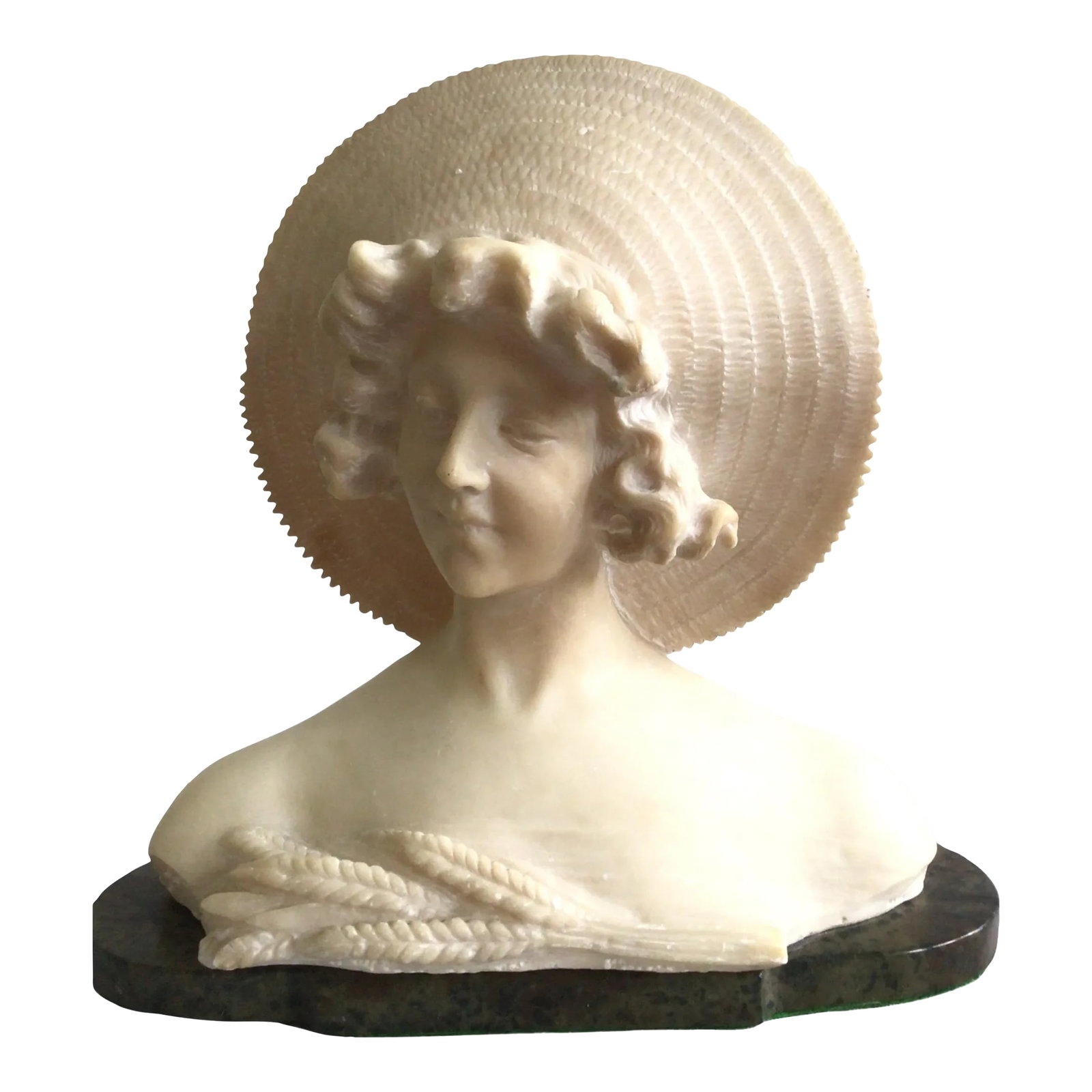 1940s Alabaster Bust Of A Young Woman On A Marble Base: 1940s Art Nouveau Style Bust Of A Young Woman On A Marble Base The sheaf of wheat represents fertility No signature found Small knick on the top of hat (as shown) Condition: Alterations: Unknown