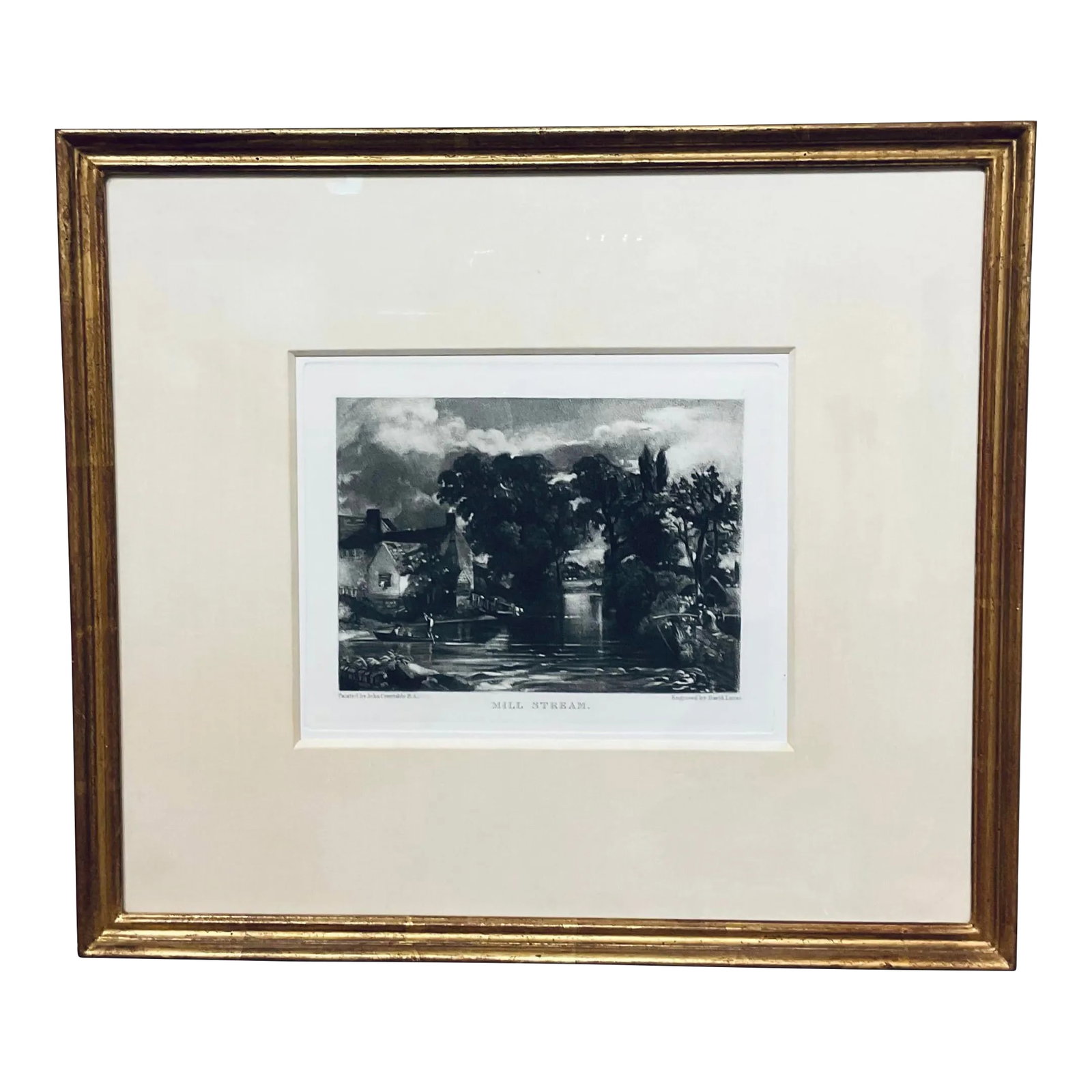 Antique Black and White Engraving Landscape of the "Mill Stream" by John Constable: Antique Black and White Engraving Landscape of The "Mill Stream" by John Constable, hand wrapped cream silk matte, gold leaf finished wood frame circa Mid 1800's, I have six of these total with