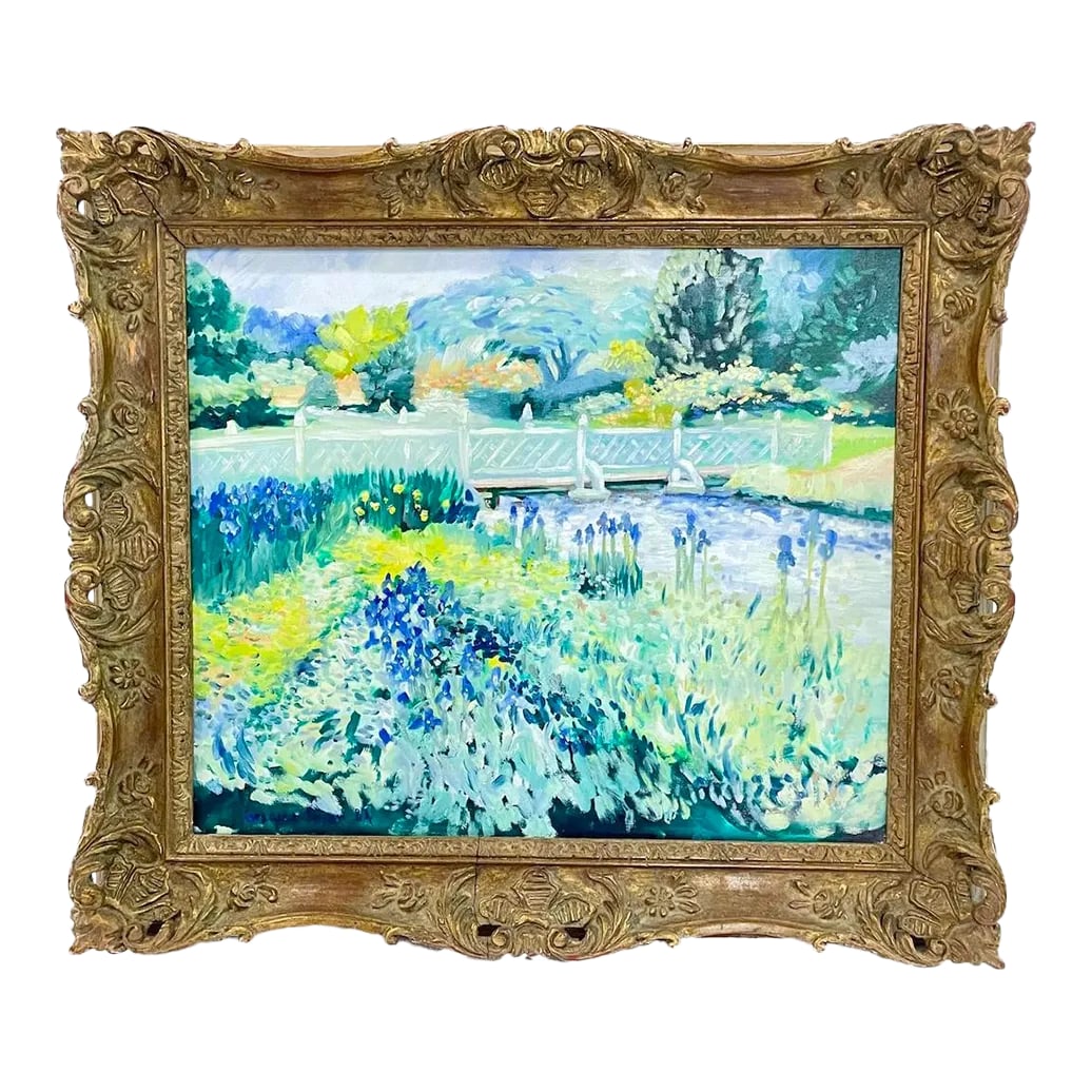 Vintage Impressionist Style Garden Painting: Vintage Impressionist style garden landscape painting. Depicts a bridge over a stream in a garden. Carved ornate gilt acanthus leaf frame. Signed "Gregory Brown, 84" on the lower left side.