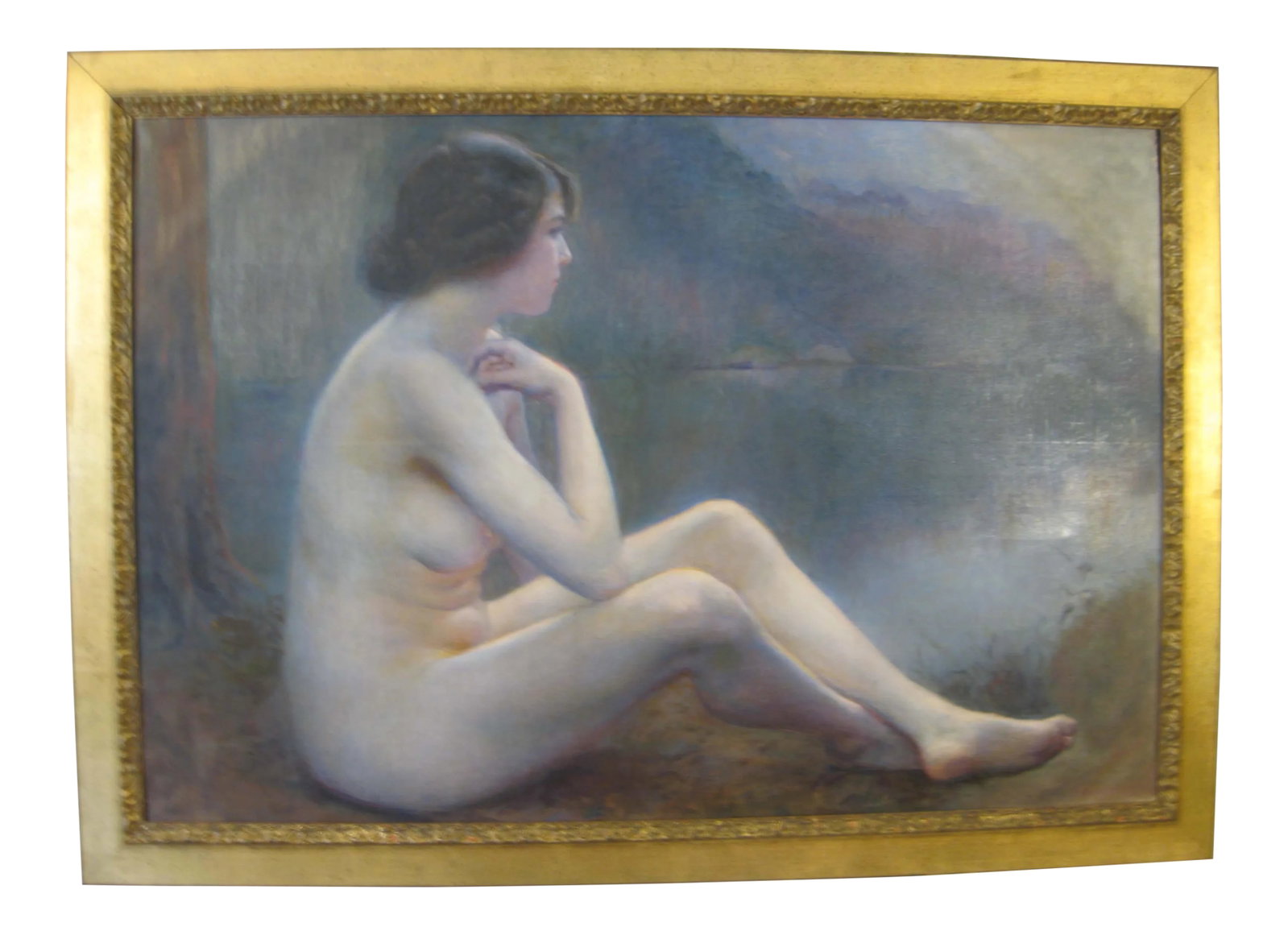 Early 20th Century Antique Nude Sitting by Lake Large Oil Painting, Framed: Beautiful oil painting of a nude lady sitting by a lake is rendered in stunning detail and texture. 42" H x 60" W x 2" D F5 Condition: Alterations: Original Condition Unaltered Imperfections: Some