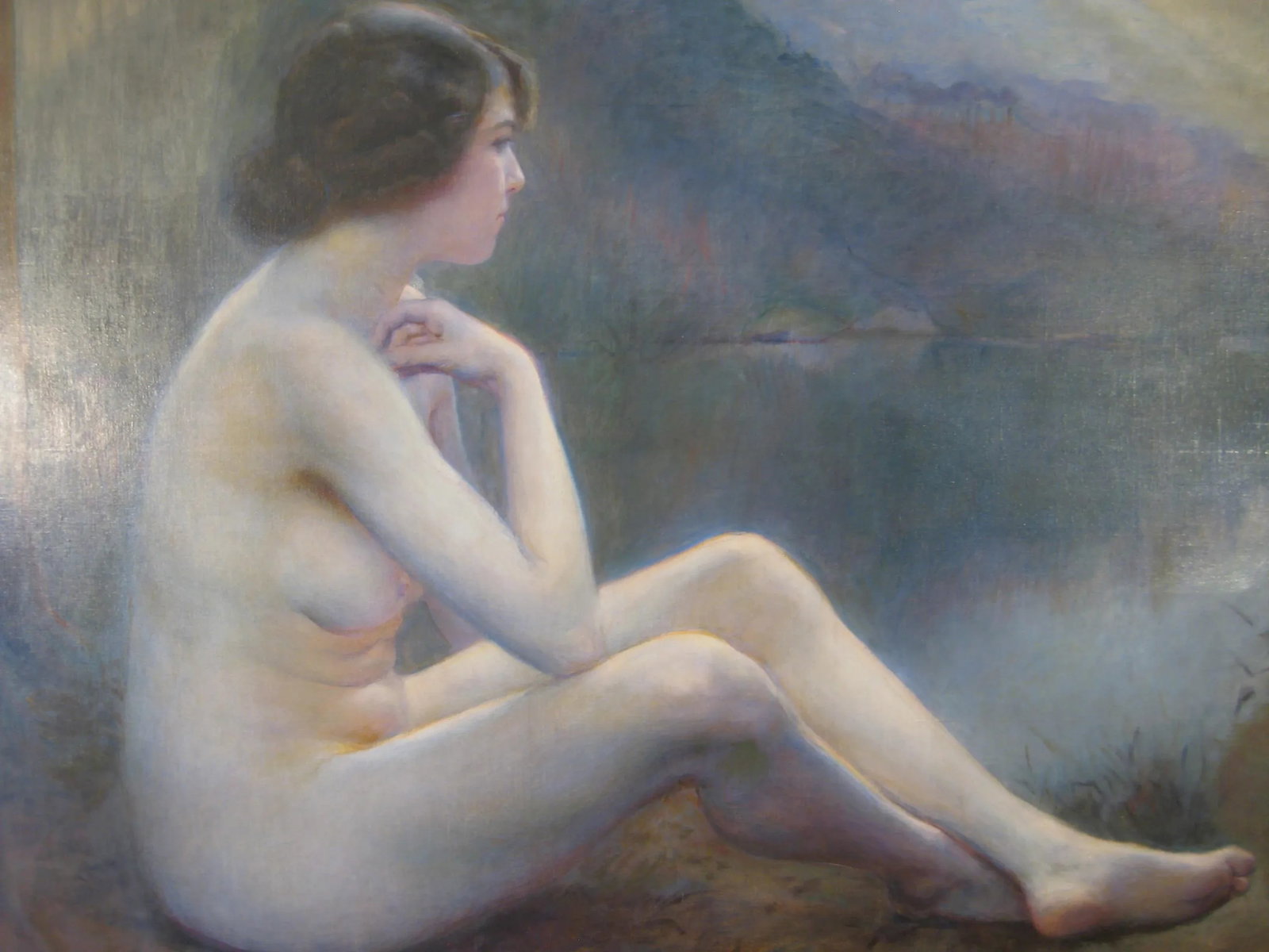 Early 20th Century Antique Nude Sitting by Lake Large Oil Painting, Framed - 2