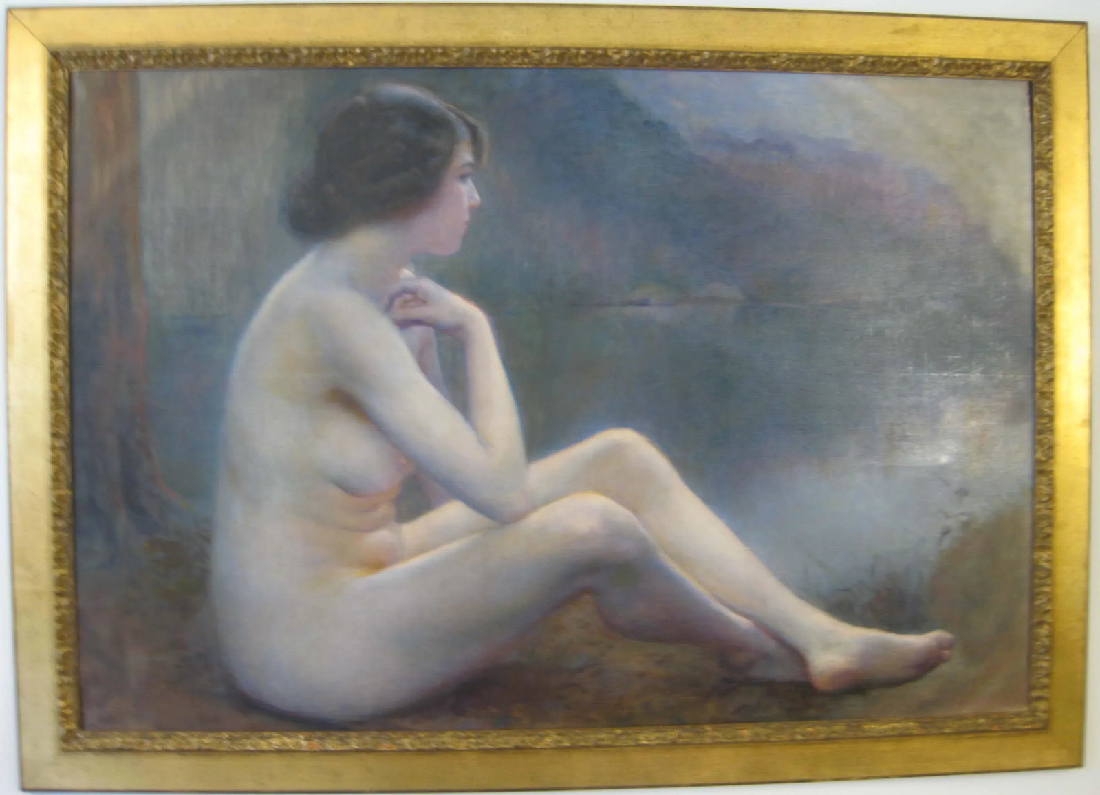 Early 20th Century Antique Nude Sitting by Lake Large Oil Painting, Framed - 5