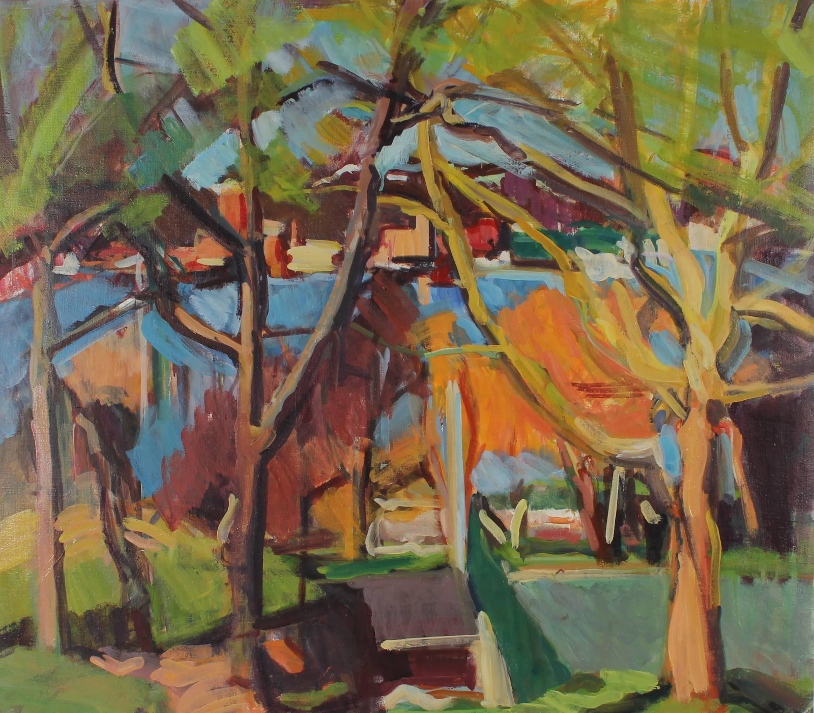 20th Century "City Through the Trees" Landscape Oil Painting (1 of 3)