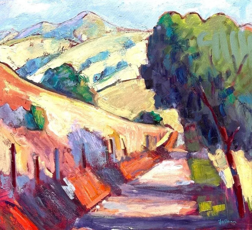 Expressionist Painting California Landscape Oil on Canvas Mountain Road Hartman Bay Area: This is a favorite painting spot on Mt Diablo in the San Francisco Bay Area. People ride by on horseback, coyotes appear and disappear. A rich application of oil paints creates a built up texture. The