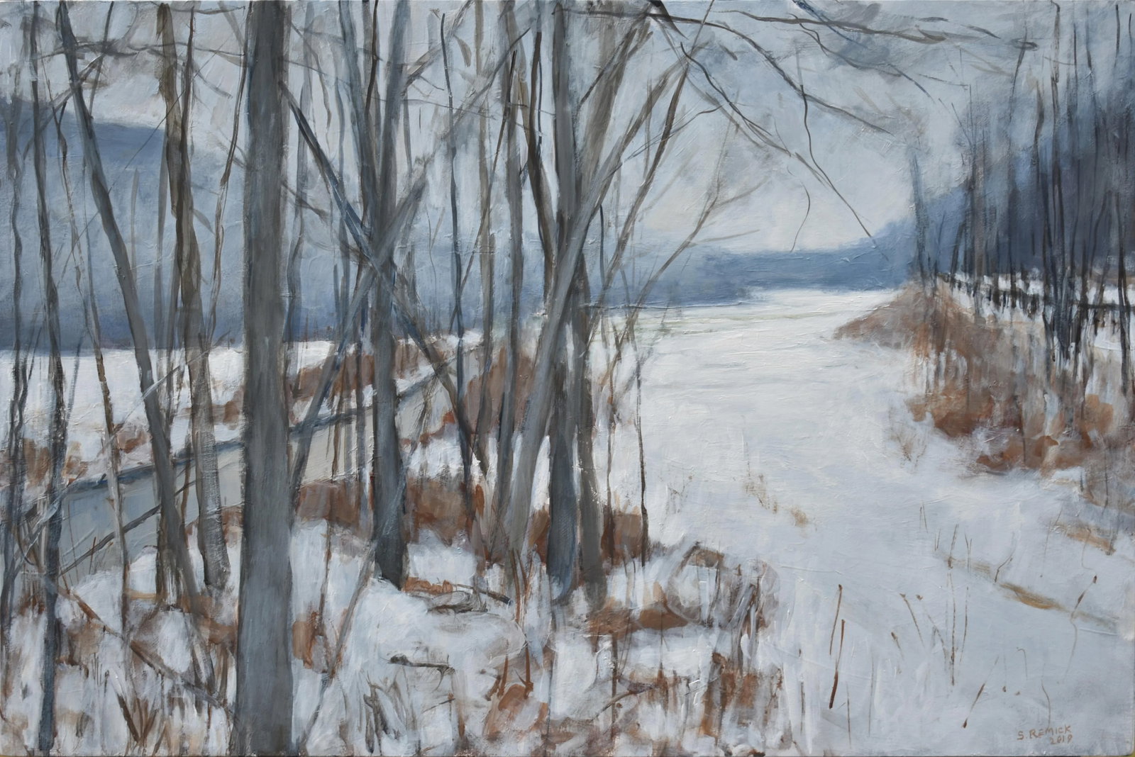 "River, Road, Field, Mountain" Contemporary Landscape Painting by Stephen Remick: A foggy, snowy, November day along route 100 in central Vermont. A kind of in between seasons - end of fall, beginning of winter - where there's an overlap of weather. This is acrylic on a solid 3/4"