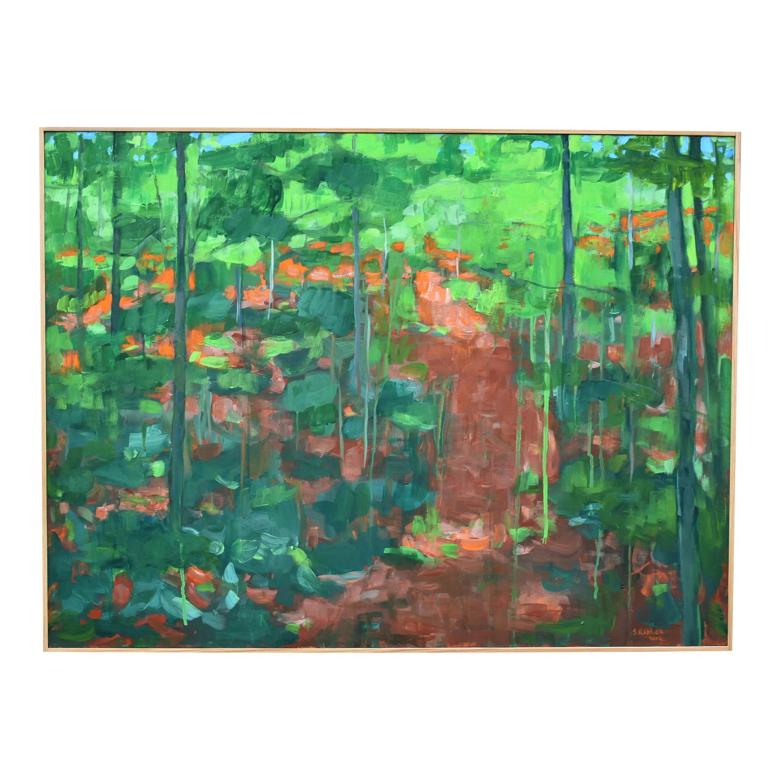 Contemporary Semi-Abstract Acrylic Painting, "Up the Hill", by Stephen Remick, Framed: Symbolizing growth and exploration. Heading up a hill on a path deep in the Vermont woods. Light filtering through the lush foliage, creating paths of its own. This lent to a style closer to
