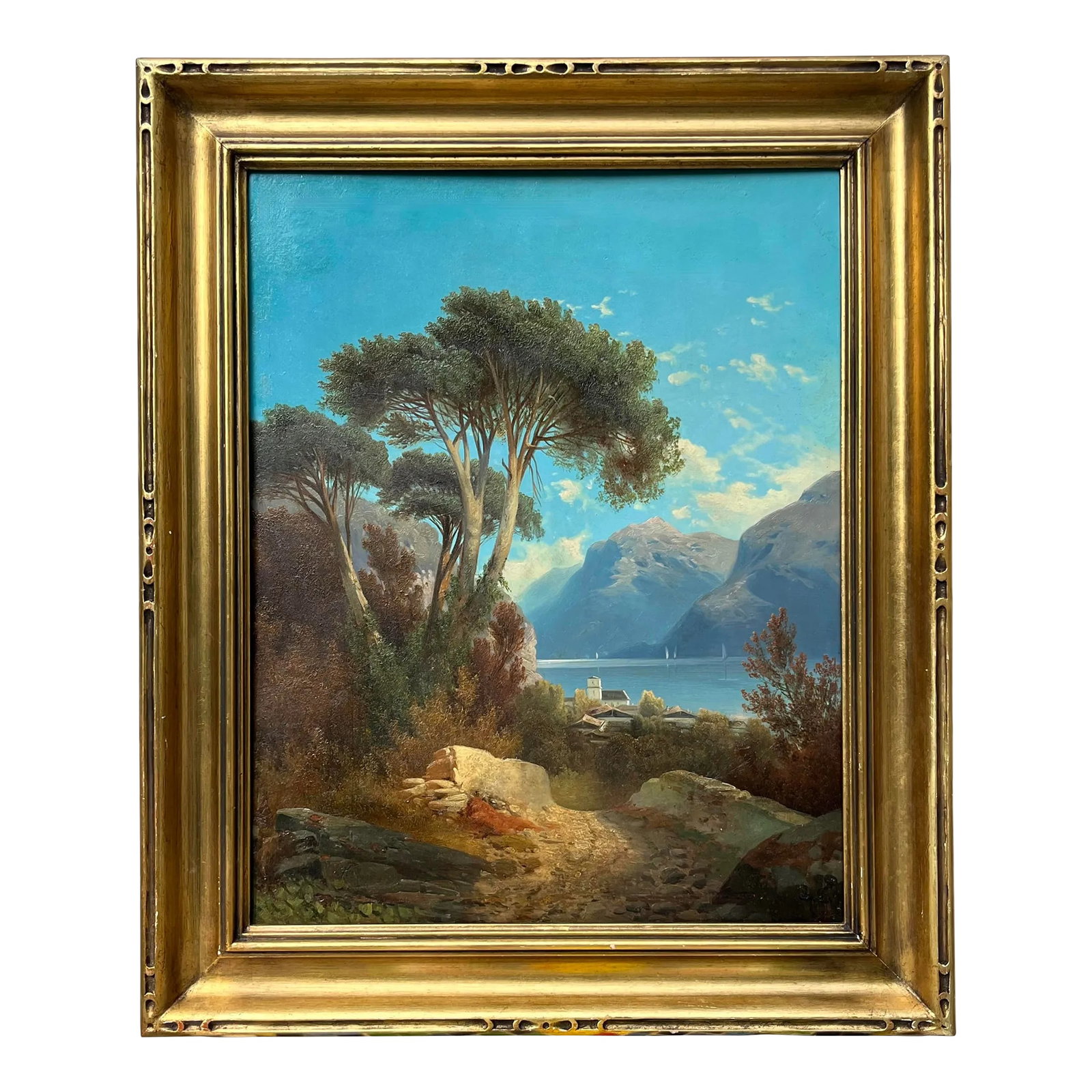 Antique Italian Landscape Oil Painting Lake Como Italy by Hearsch Dated 1880: A Beautiful antique Italian oil painting landscape likely of lake Como oil on wood panel initialed indistinguishable lower right signed and dated 1880 on verso. Presented framed in an original