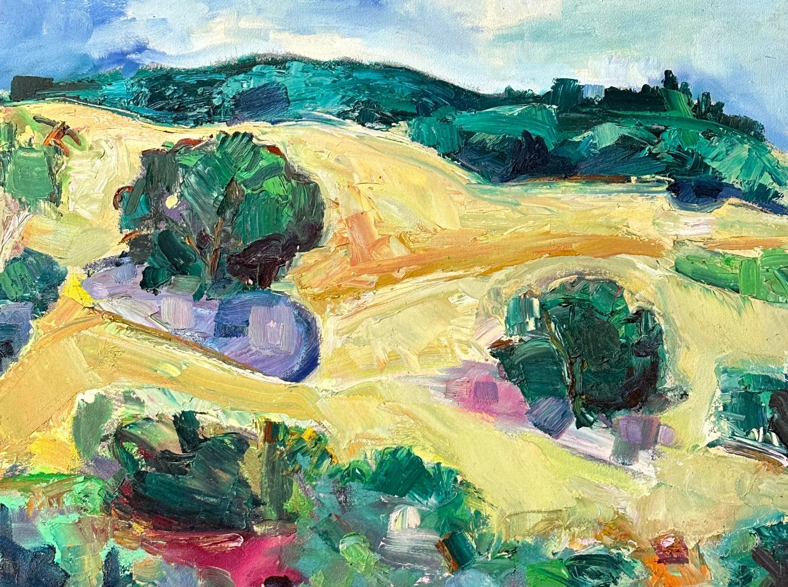 Hartman Mount Diablo Original Painting: This 24" x 32" oil on canvas is an original plein air painting of the Bolinas Lagoon by James Hartman done in 2003. Rich applications of paint create a multicolored light effect. This is on a deep