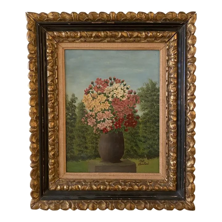 Andre Bauchant 1949 Floral Still Life Painting: Andre Bauchant was born in Touraine, France, and lived most of his life in this small town between Tours and Blois. He was a good student, with a particular love for classics and geography. Although