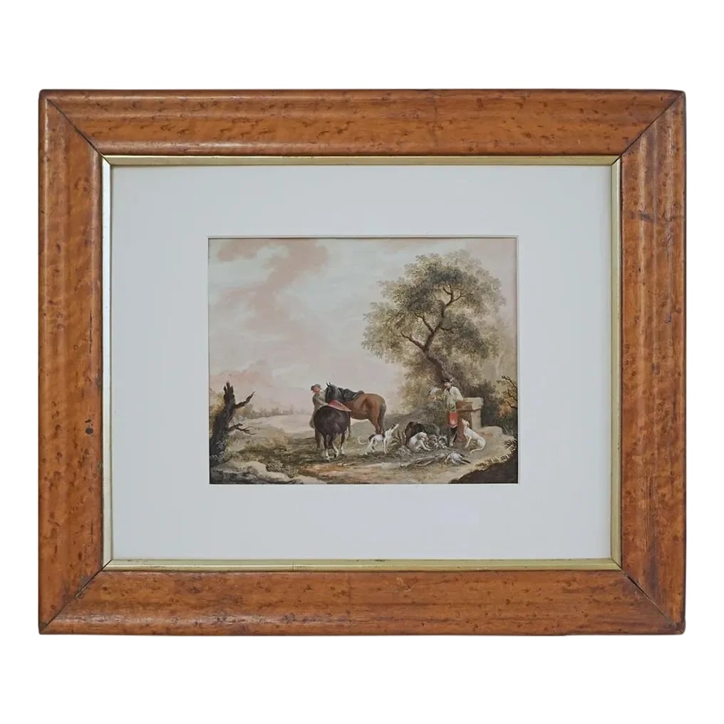 Antique Falconry Sporting Gouache Painting Horses Men Greyhounds Falcon Game Birds Framed Signed MB: A gentleman wearing a hunting hat and scarlet breeches stands with a hawk perched on his finger, a pack of dogs and captured game birds lie at his feet. A second man, wearing a cocked hat, holds the