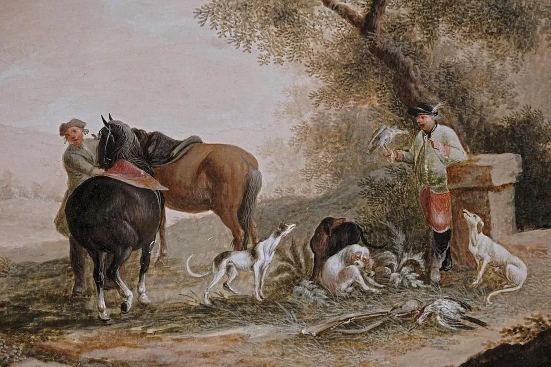 Antique Falconry Sporting Gouache Painting Horses Men Greyhounds Falcon Game Birds Framed Signed MB - 2
