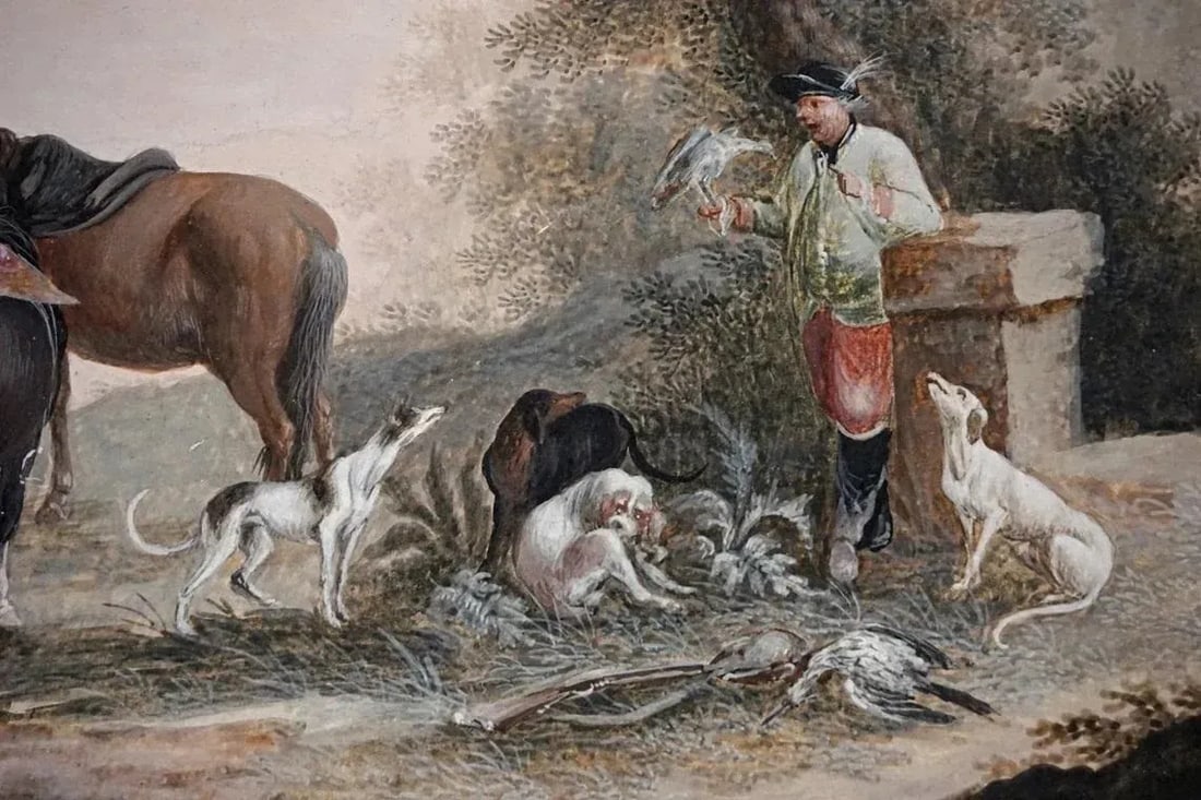 Antique Falconry Sporting Gouache Painting Horses Men Greyhounds Falcon Game Birds Framed Signed MB - 3