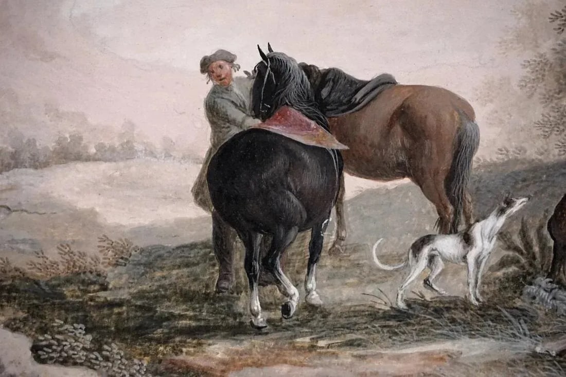 Antique Falconry Sporting Gouache Painting Horses Men Greyhounds Falcon Game Birds Framed Signed MB - 4
