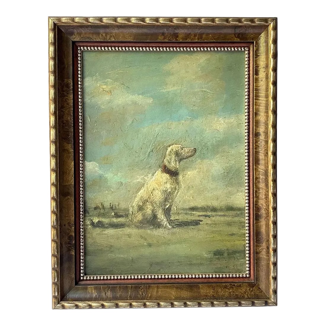 2007 Goran Djurovic Oil on Canvas Painting, the Dog: DETAILS A portrait of a white English Setter sporting dog seated in a field with a blue cloud filled sky as the backdrop. TITLE The Dog MEDIUM Oil on canvas painting FRAMING Wood framed PLACE OF