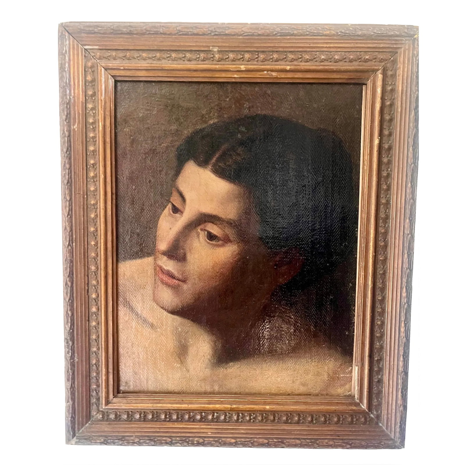 Portrait Woman Oil Painting France 1880, Framed: Portrait woman oil painting France 1880 This painting is an academically inspired eulogy to feminine beauty. The facial features are fine, straight nose, doe eyes, full mouth and bun hairstyle. The bu