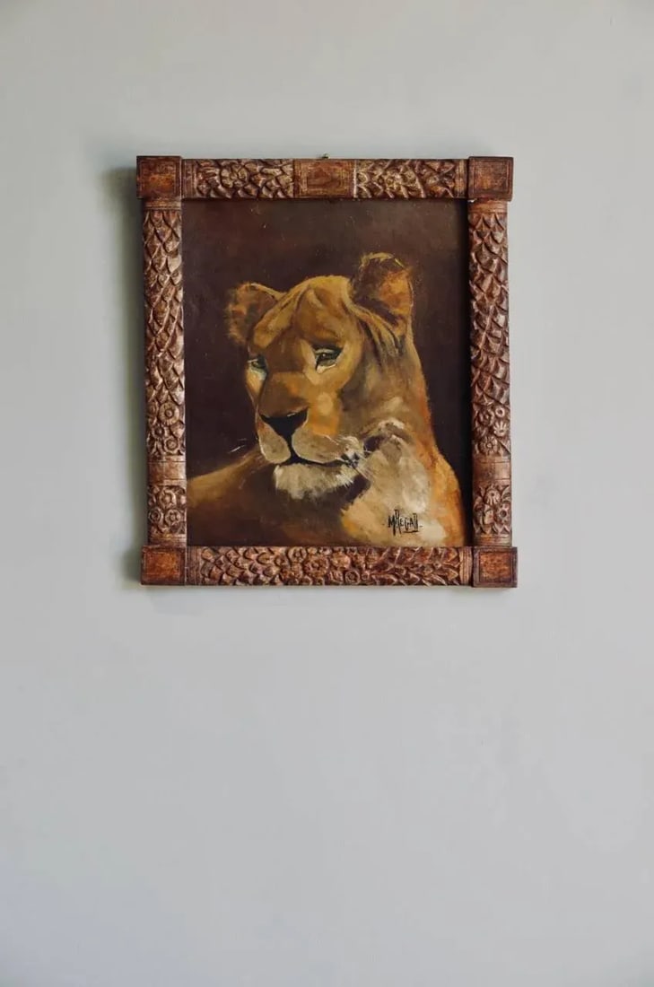 Tiger and Lion Art Deco Framed Paintings - a Pair - 10