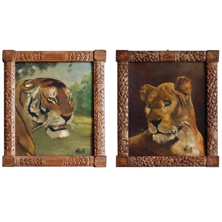 Tiger and Lion Art Deco Framed Paintings - a Pair - 11