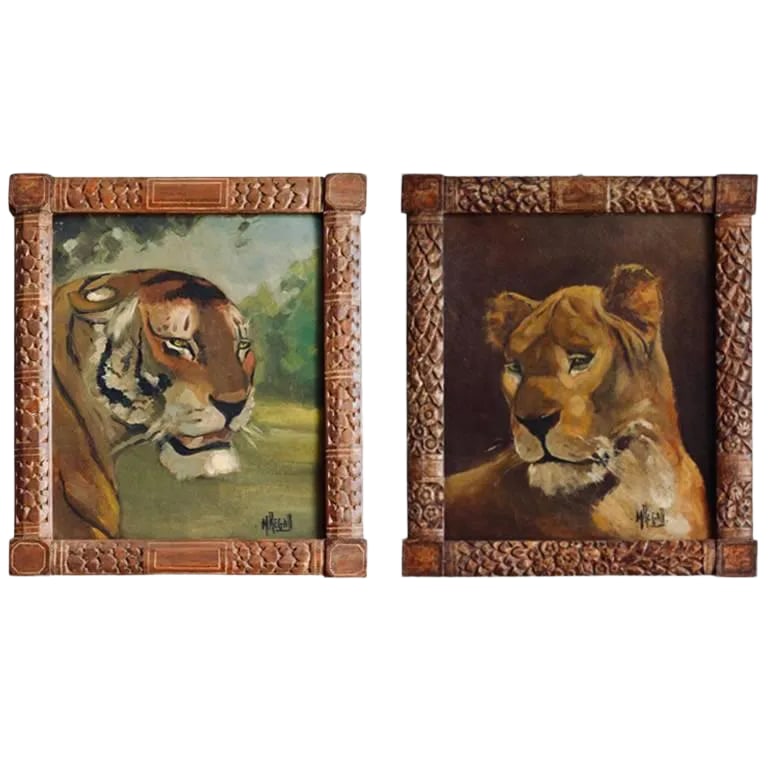 Tiger and Lion Art Deco Framed Paintings - a Pair: Pair of tiger and lion Art Deco framed paintings. Oil on panel. Beautiful carved wood frames. Condition: Alterations: Original Condition Unaltered Imperfections: Some Imperfections Condition Notes: