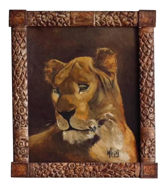 Tiger and Lion Art Deco Framed Paintings - a Pair - 2