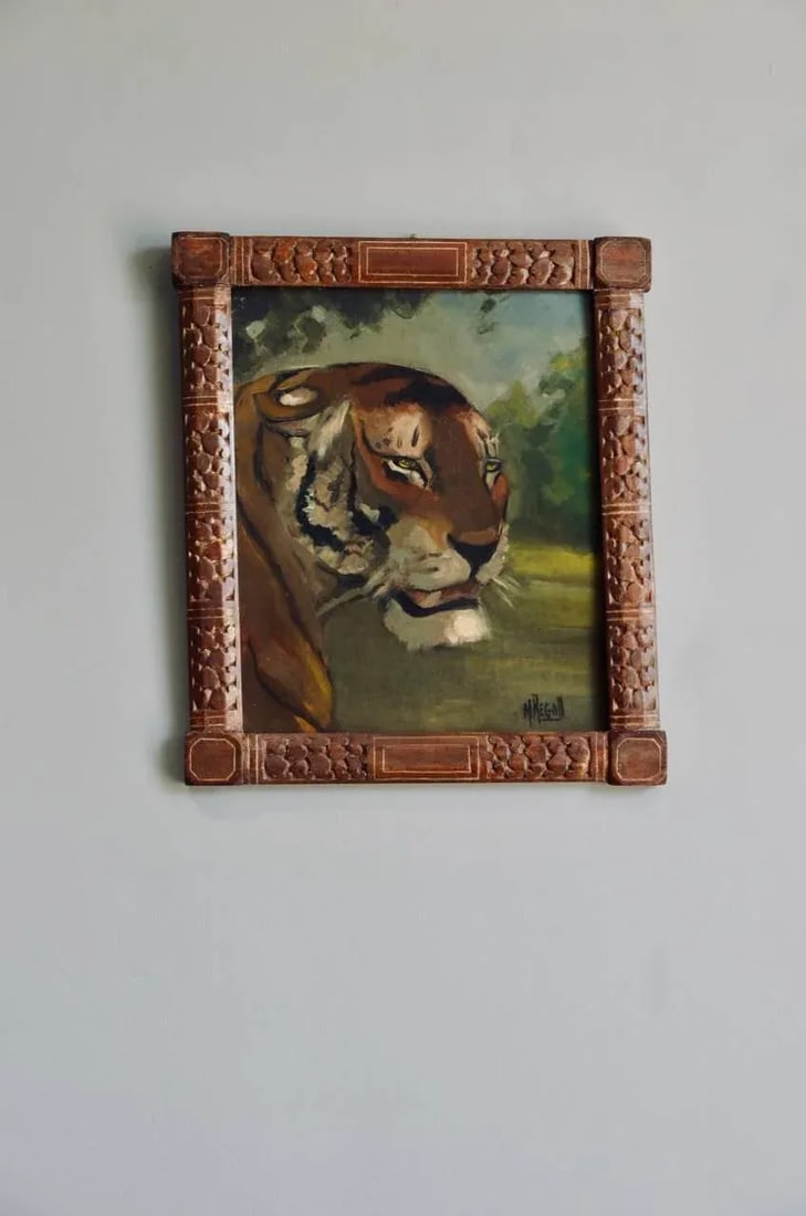 Tiger and Lion Art Deco Framed Paintings - a Pair - 3