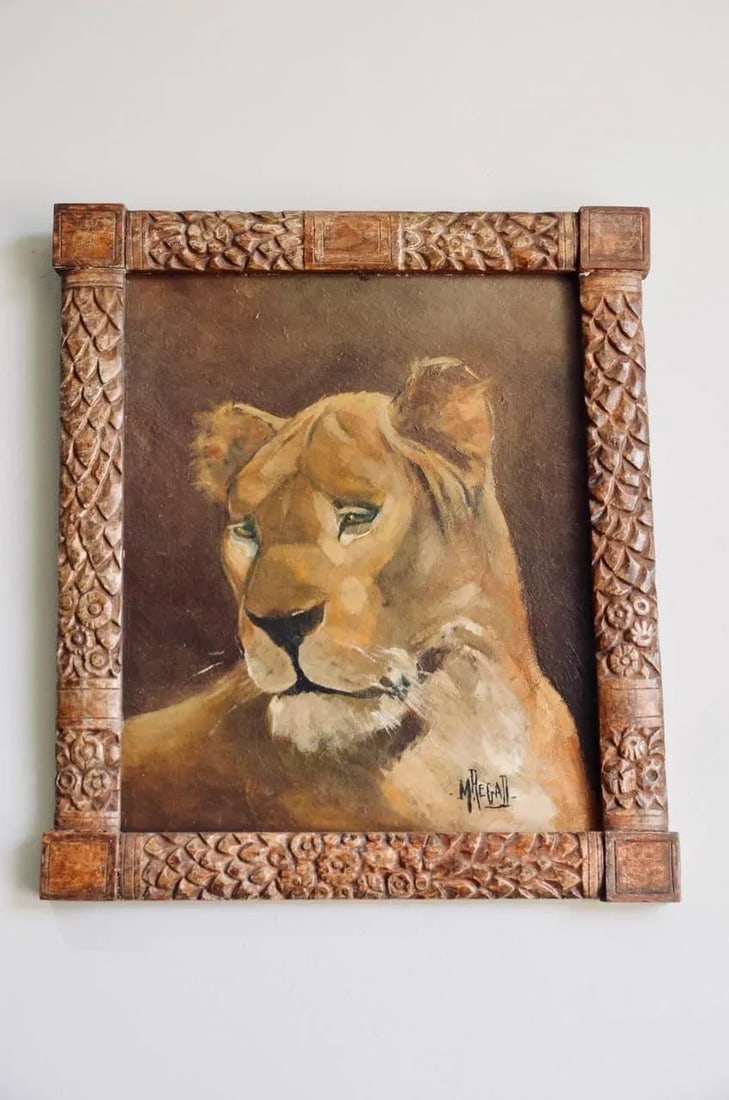 Tiger and Lion Art Deco Framed Paintings - a Pair - 4